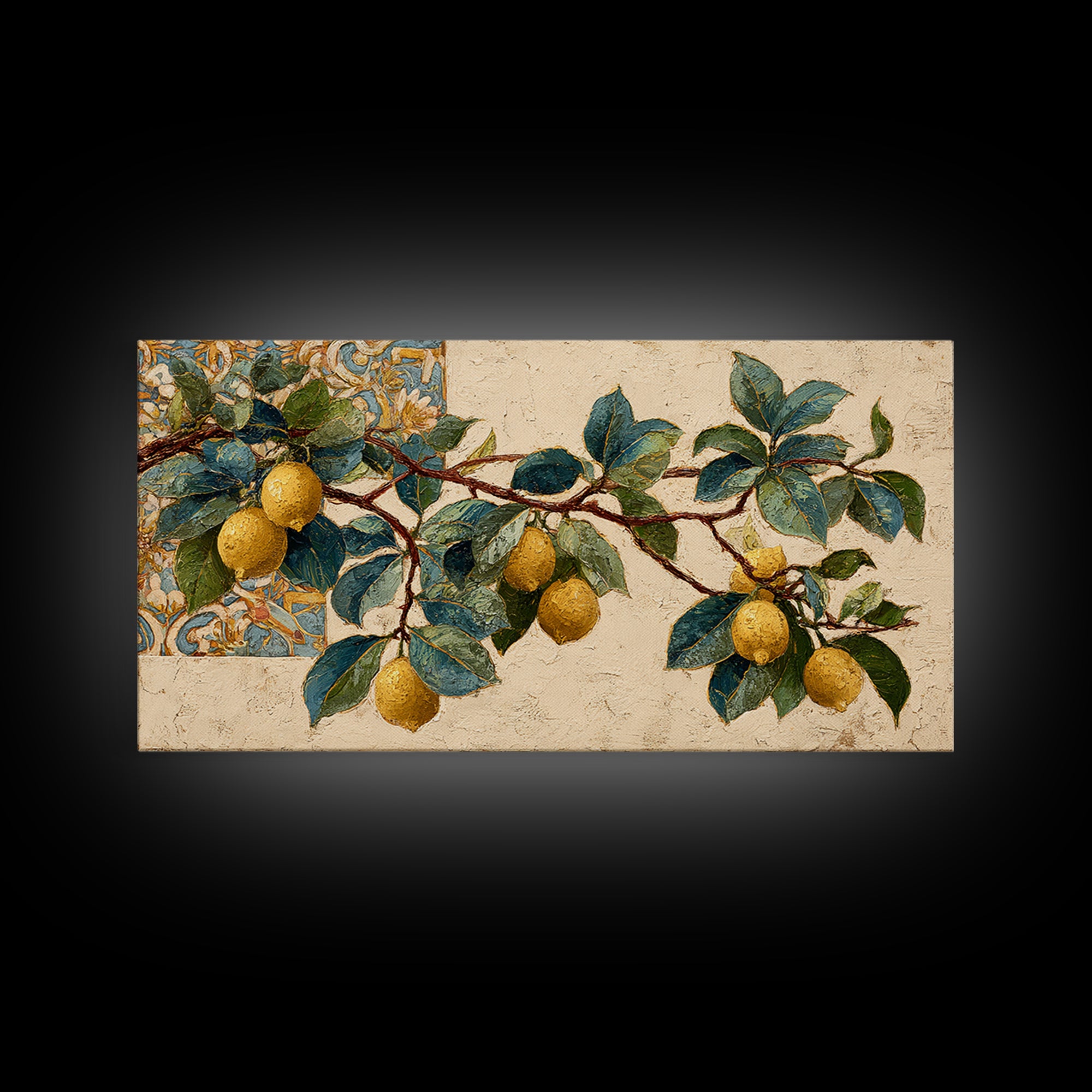Sicilian Lemon Branch on Ivory Background Canvas Print, Mediterranean Art, Statement Artwork, Living Room Decor, Azure, MAR-2x1-9
