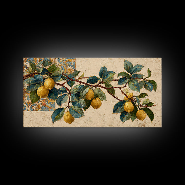 Sicilian Lemon Branch on Ivory Background Canvas Print, Mediterranean Art, Statement Artwork, Living Room Decor, Azure, MAR-2x1-9