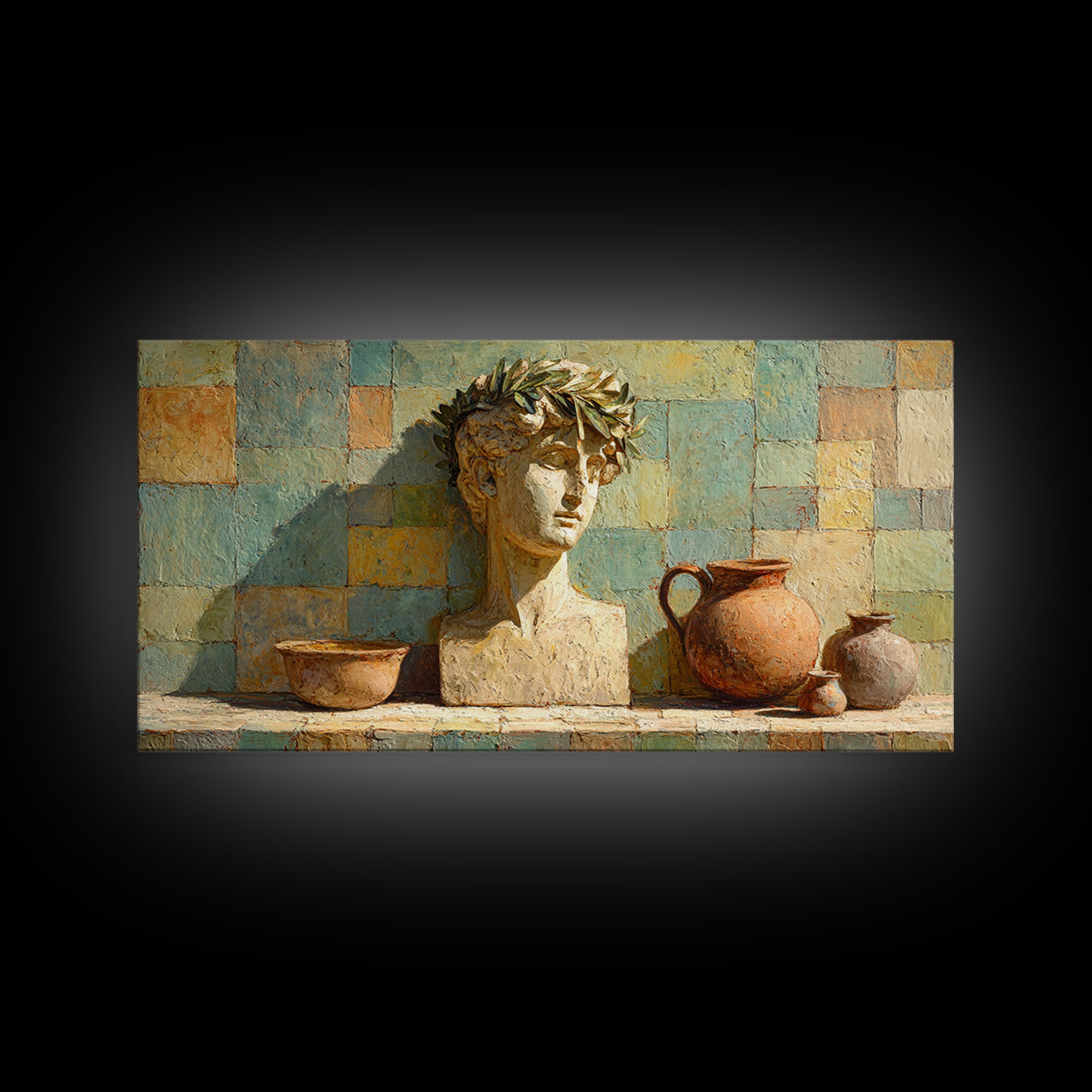 Roman Statue Bust Framed Canvas Print, Mediterranean Art, Living Room Decor, Oil Painting, Azure, Farmhouse Decor, MAR-2x1-90