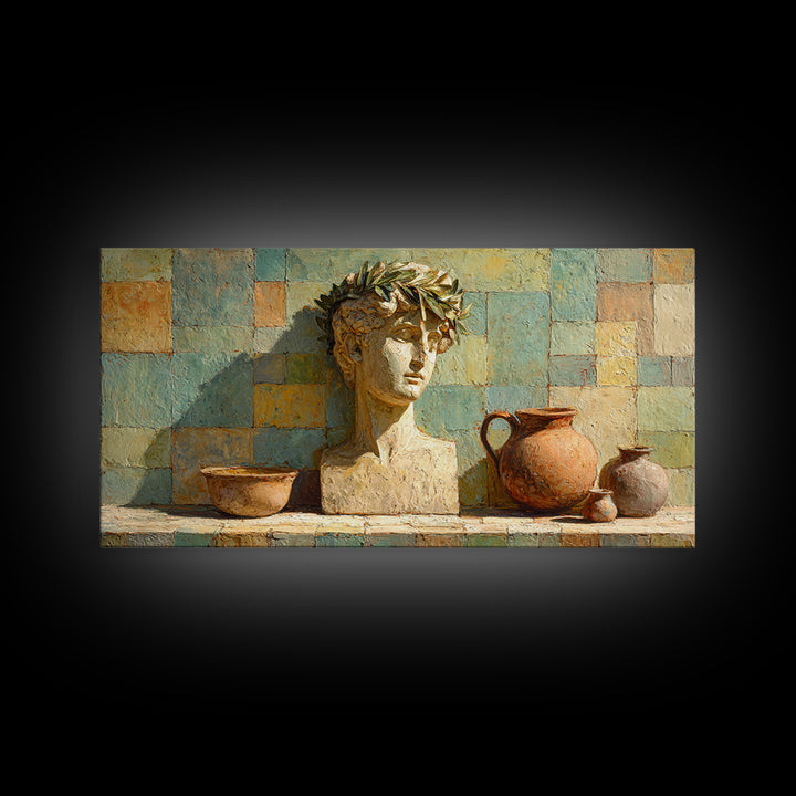 Roman Statue Bust Framed Canvas Print, Mediterranean Art, Living Room Decor, Oil Painting, Azure, Farmhouse Decor, MAR-2x1-90
