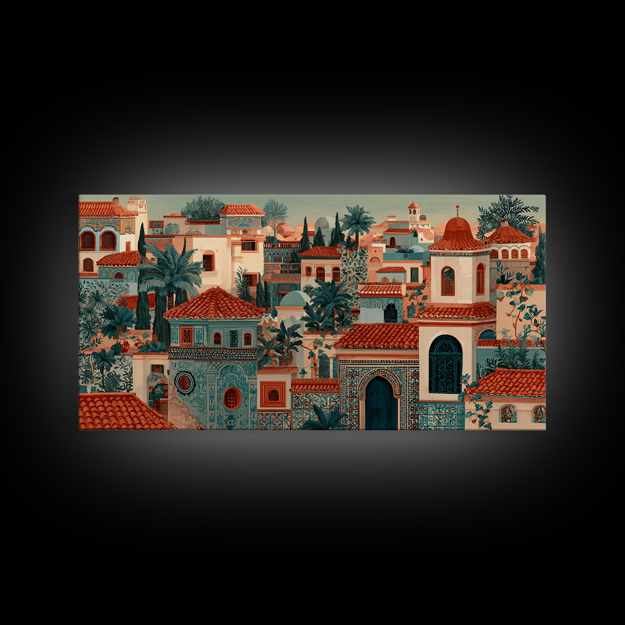 Sunset over Red Tiled Rooftops Framed Canvas Print, Mediterranean Art, Oil Painting, Living Room Decor, Fine Art, Azure, MAR-2x1-91