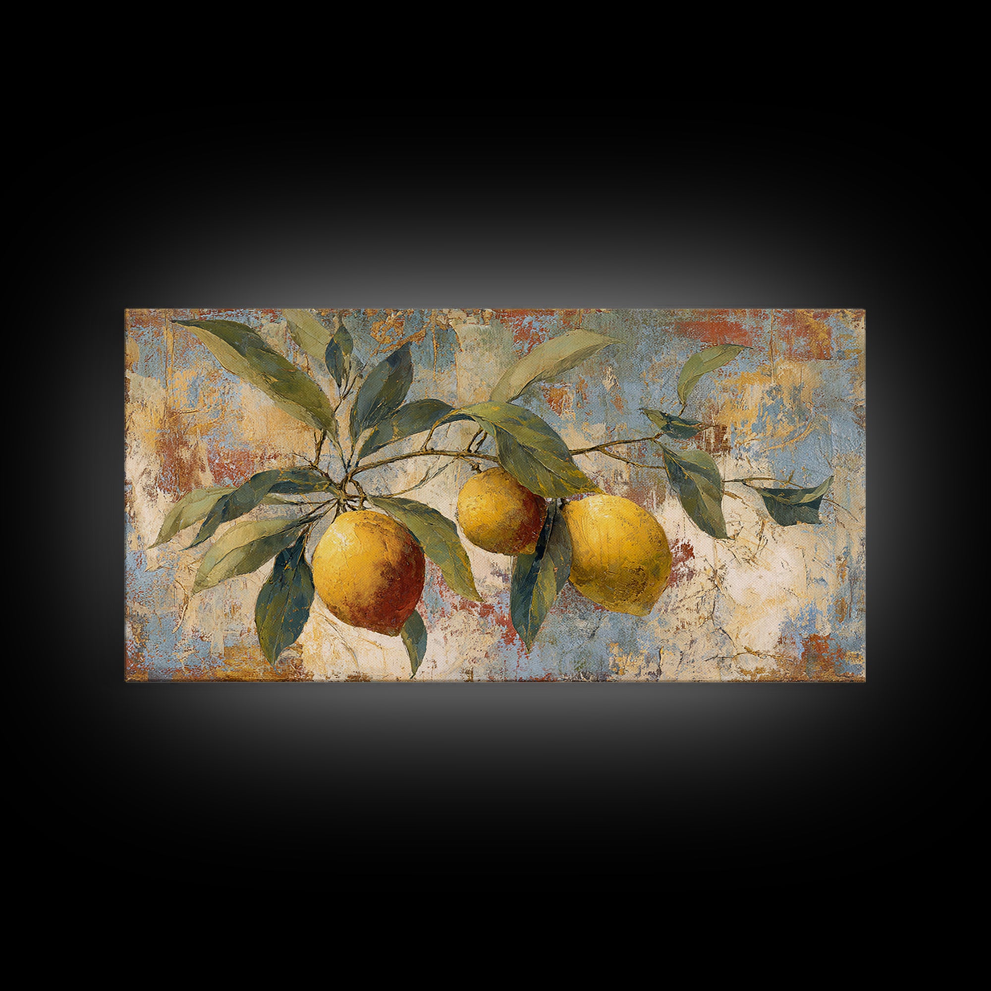Olive Branch and Lemons on Terracotta Ground Canvas Print, Mediterranean Art, Minimalist Decor, Living Room Decor, Oil Painting, MAR-2x1-94