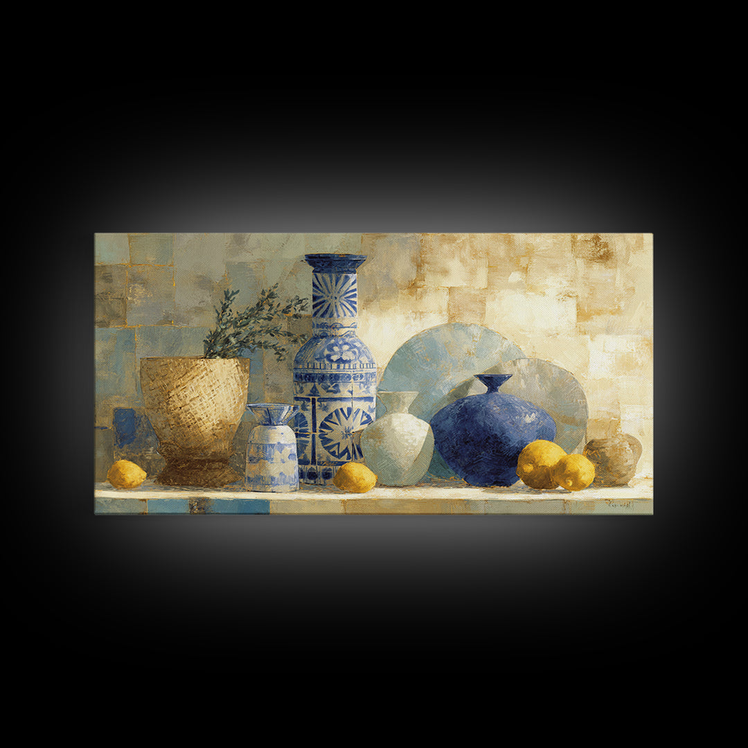 Blue and White Tile Pattern Framed Canvas Print, Mediterranean Art, Coastal Decor, Living Room Decor, Oil Painting, Azure, MAR-2x1-96