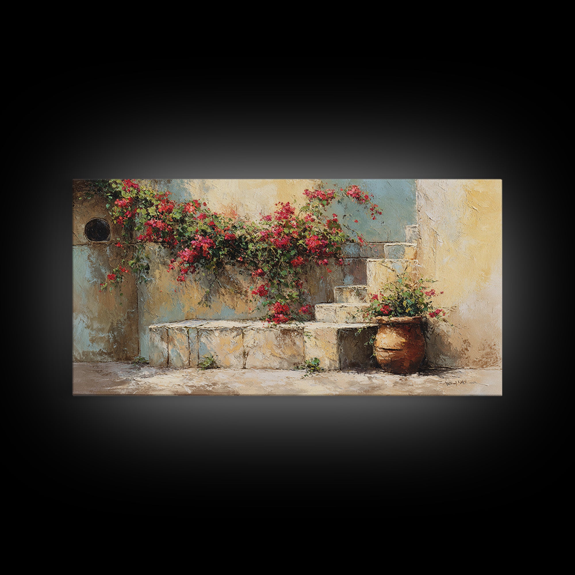 Bougainvillea Cascading over Stone Wall Framed Canvas Print, Mediterranean Art, Framed Wall Art, Living Room Decor, Azure, MAR-2x1-97