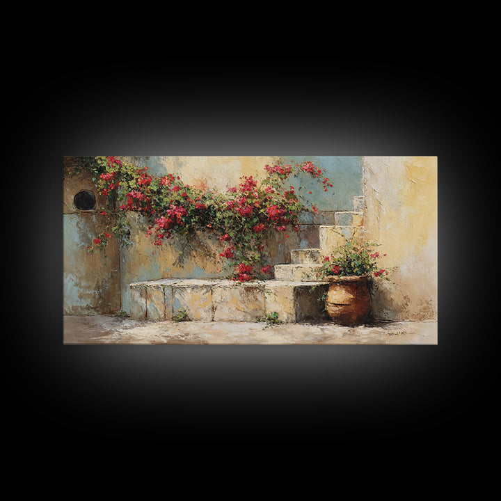 Bougainvillea Cascading over Stone Wall Framed Canvas Print, Mediterranean Art, Framed Wall Art, Living Room Decor, Azure, MAR-2x1-97