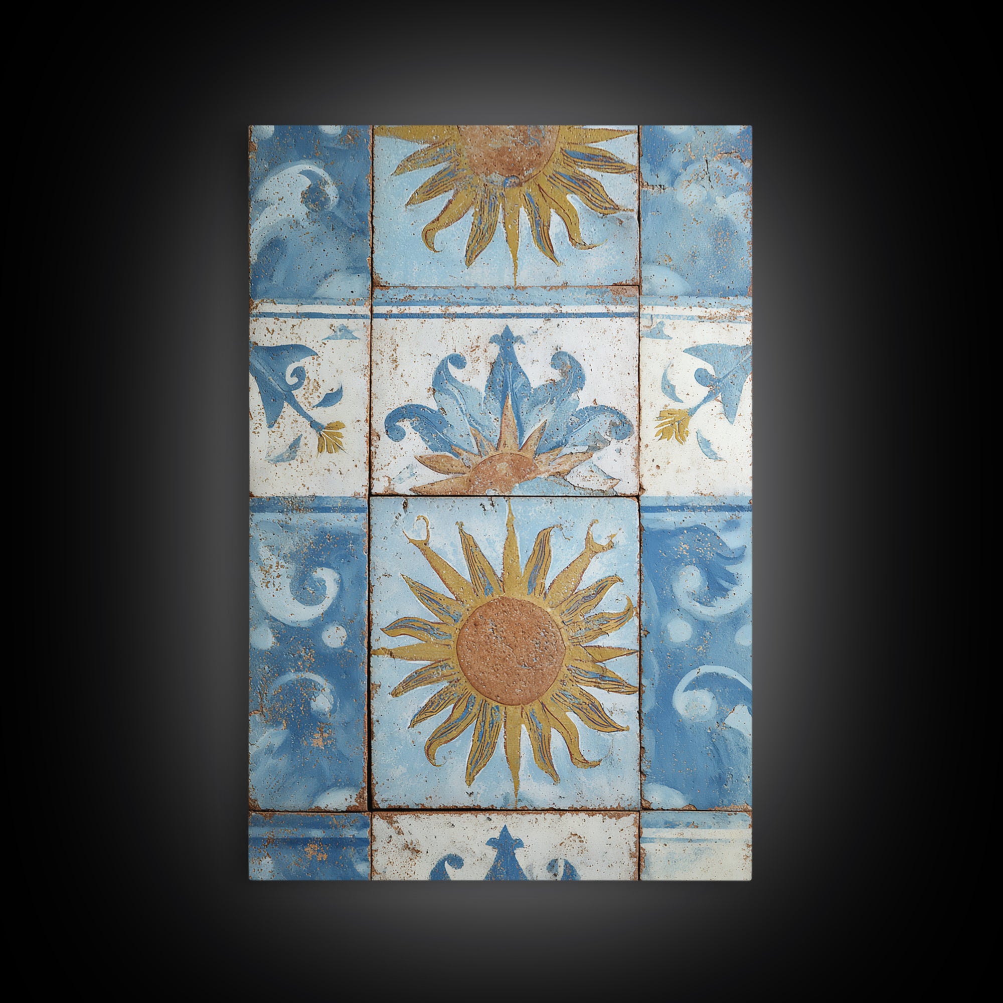 Blue and White Tile Pattern Framed Canvas Print, Mediterranean Art, Fine Art Print, Living Room Decor, Oil Painting, Azure, MAR-2x3-12