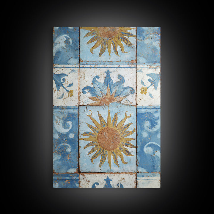 Blue and White Tile Pattern Framed Canvas Print, Mediterranean Art, Fine Art Print, Living Room Decor, Oil Painting, Azure, MAR-2x3-12