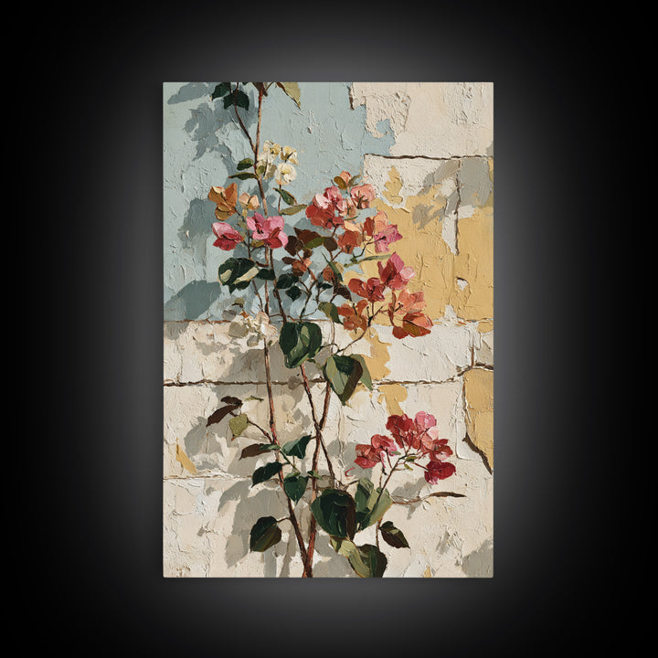 Bougainvillea Cascading over Stone Wall Framed Canvas Print, Mediterranean Art, Room Decor, Living Room Decor, Fine Art, Azure, MAR-2x3-13