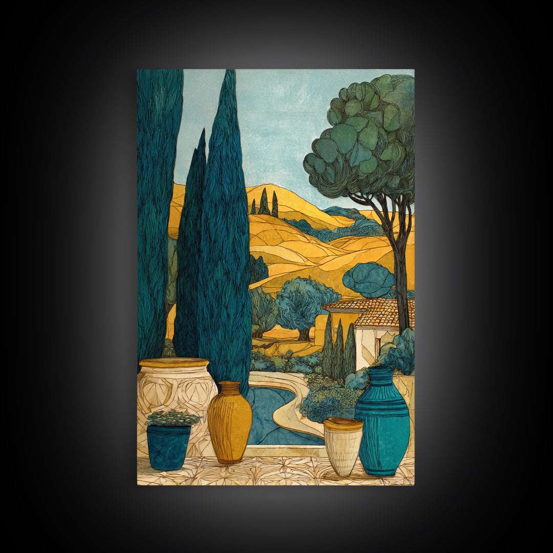 Tuscan Cypress Trees and Golden Hillside Canvas Print, Mediterranean Art, Modern Decor, Living Room Decor, Oil Painting, Azure, MAR-2x3-14