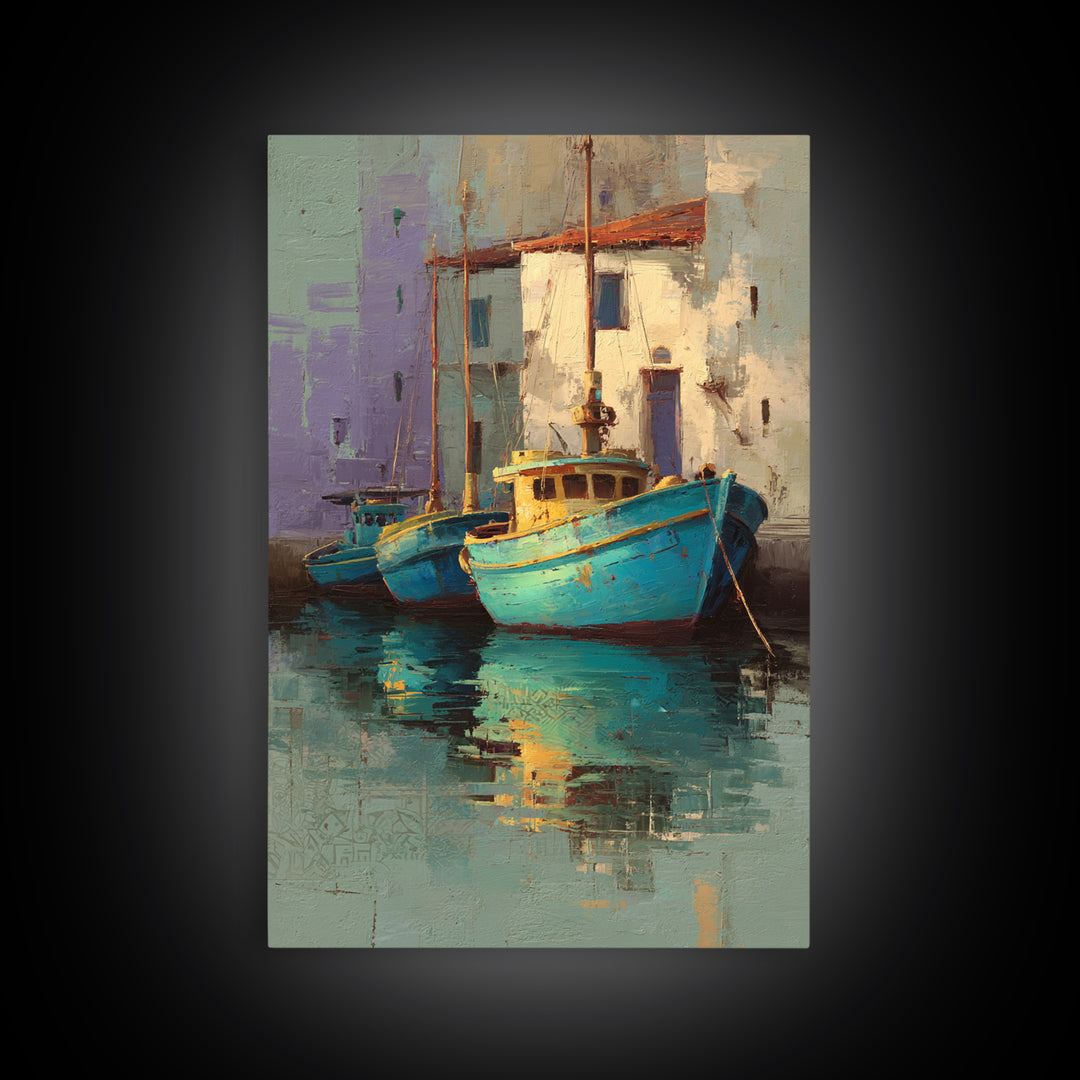 Coastal Fishing Boats Canvas Print, Mediterranean Art, Minimalist Wall Art, Living Room Decor, Fine Art, Azure, Neutral Decor, MAR-2x3-15