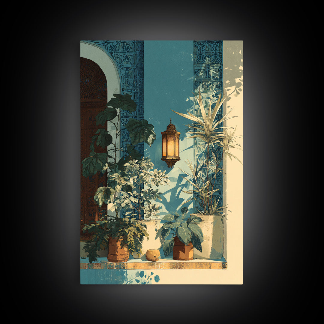 Moroccan Influenced Lantern Framed Canvas Print, Mediterranean Art, Textured Painting, Living Room Decor, Abstract Art, Azure, MAR-2x3-17