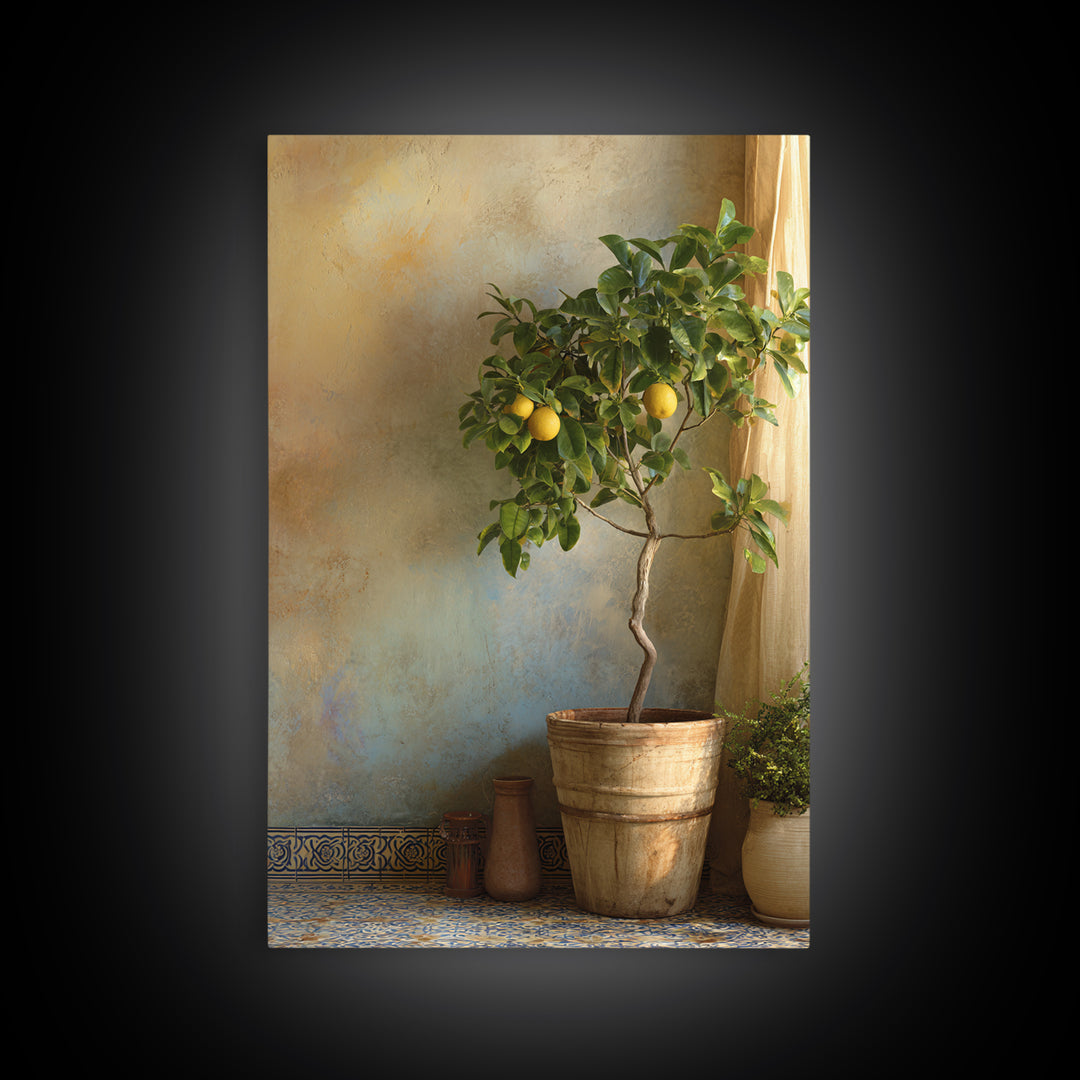 Citrus Tree in Clay Pot Framed Canvas Print, Mediterranean Art, Fine Art Print, Living Room Decor, Watercolor Art, Azure, MAR-2x3-18