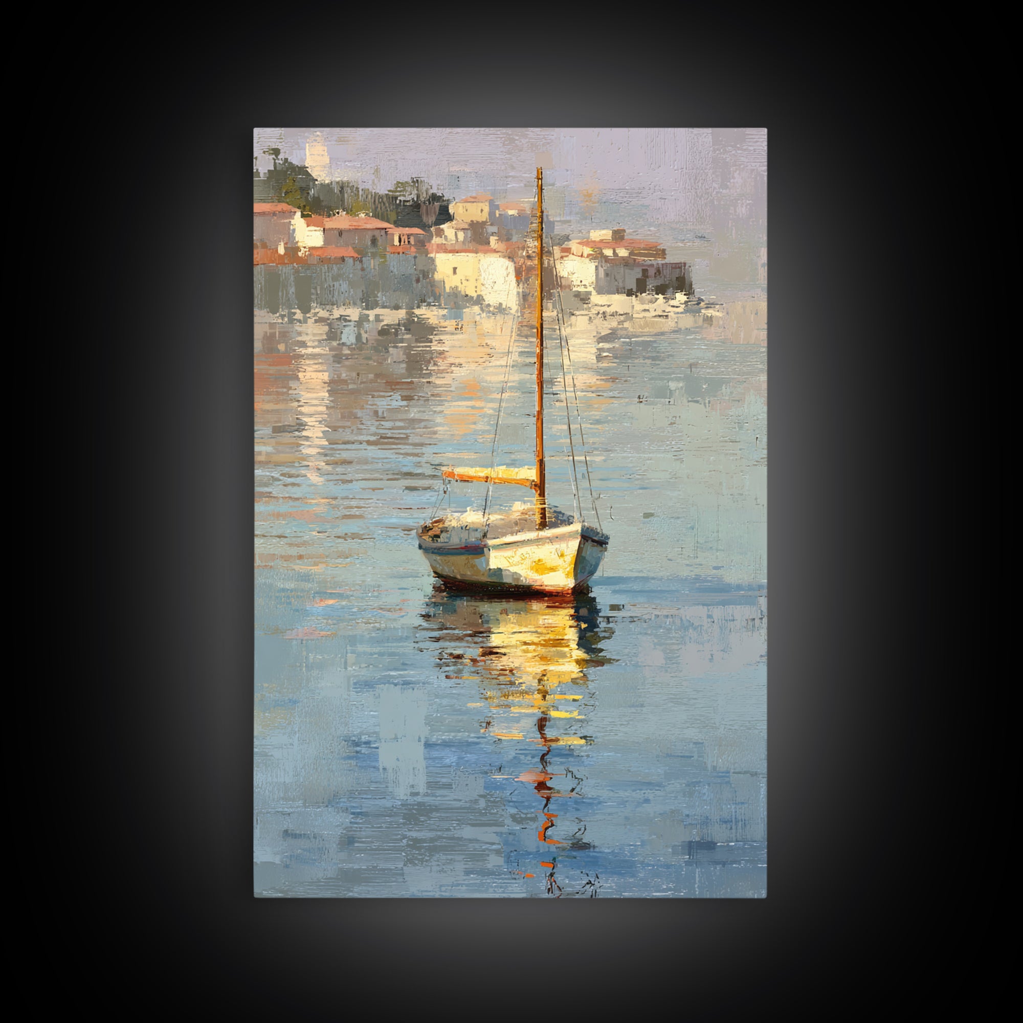 Mediterranean Sailboat on Glassy Water Framed Canvas Print, Mediterranean Art, Gallery Decor, Living Room Decor, Abstract Art, MAR-2x3-2