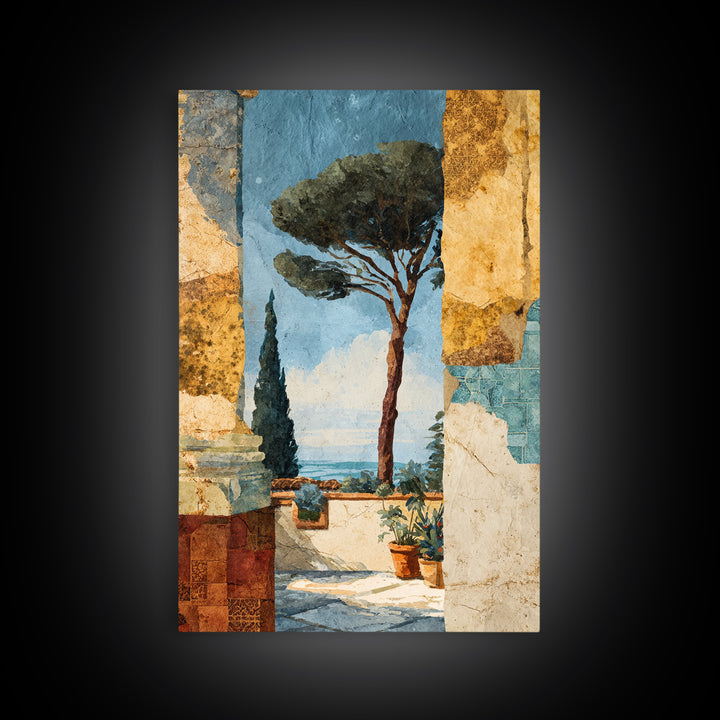 Ancient Column with Sea and Sky Beyond Framed Canvas Print, Mediterranean Art, Living Room Decor, Oil Painting, Azure, MAR-2x3-20