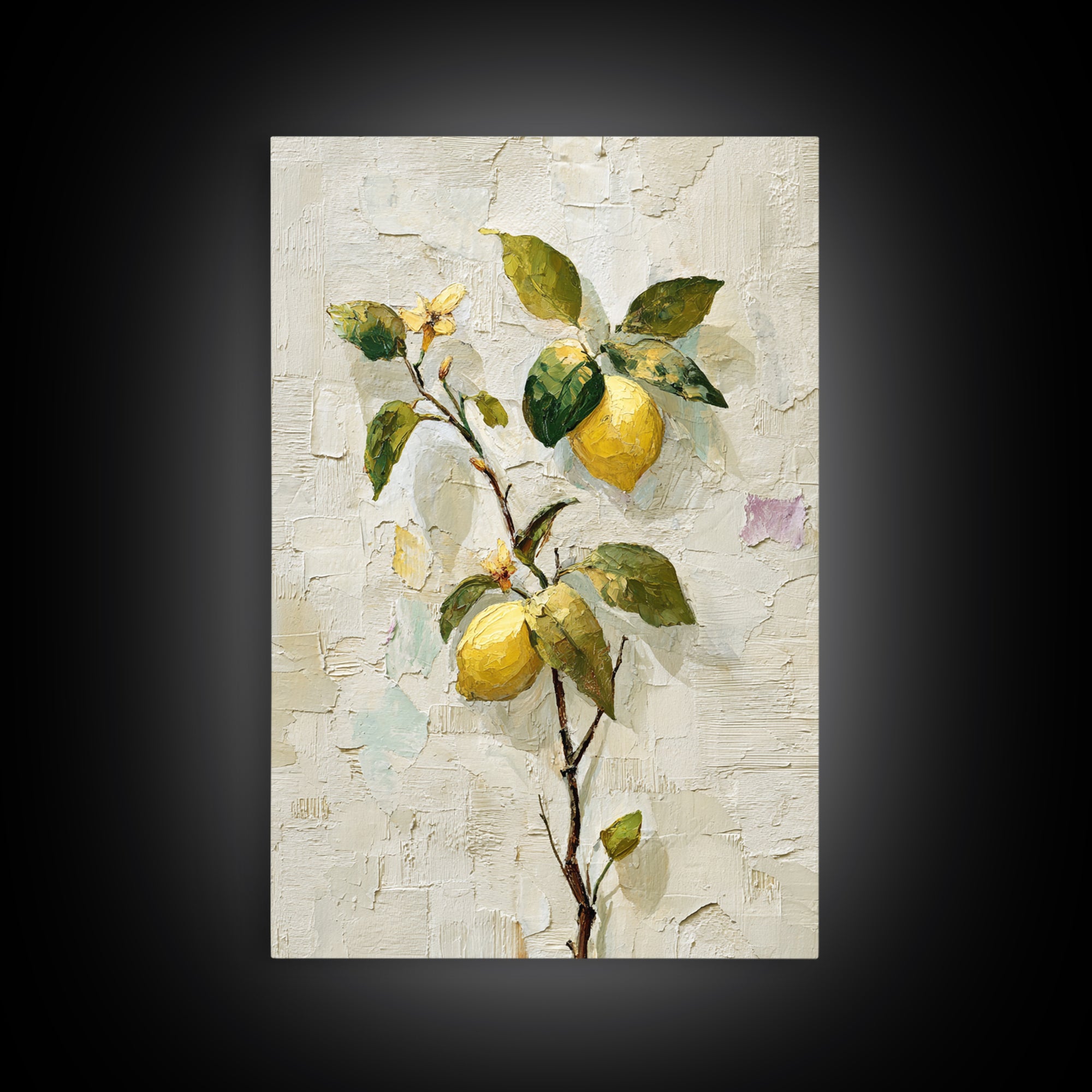 Sicilian Lemon Branch on Ivory Background Framed Canvas Print, Mediterranean Art, Boho Decor, Living Room Decor, Azure, MAR-2x3-21