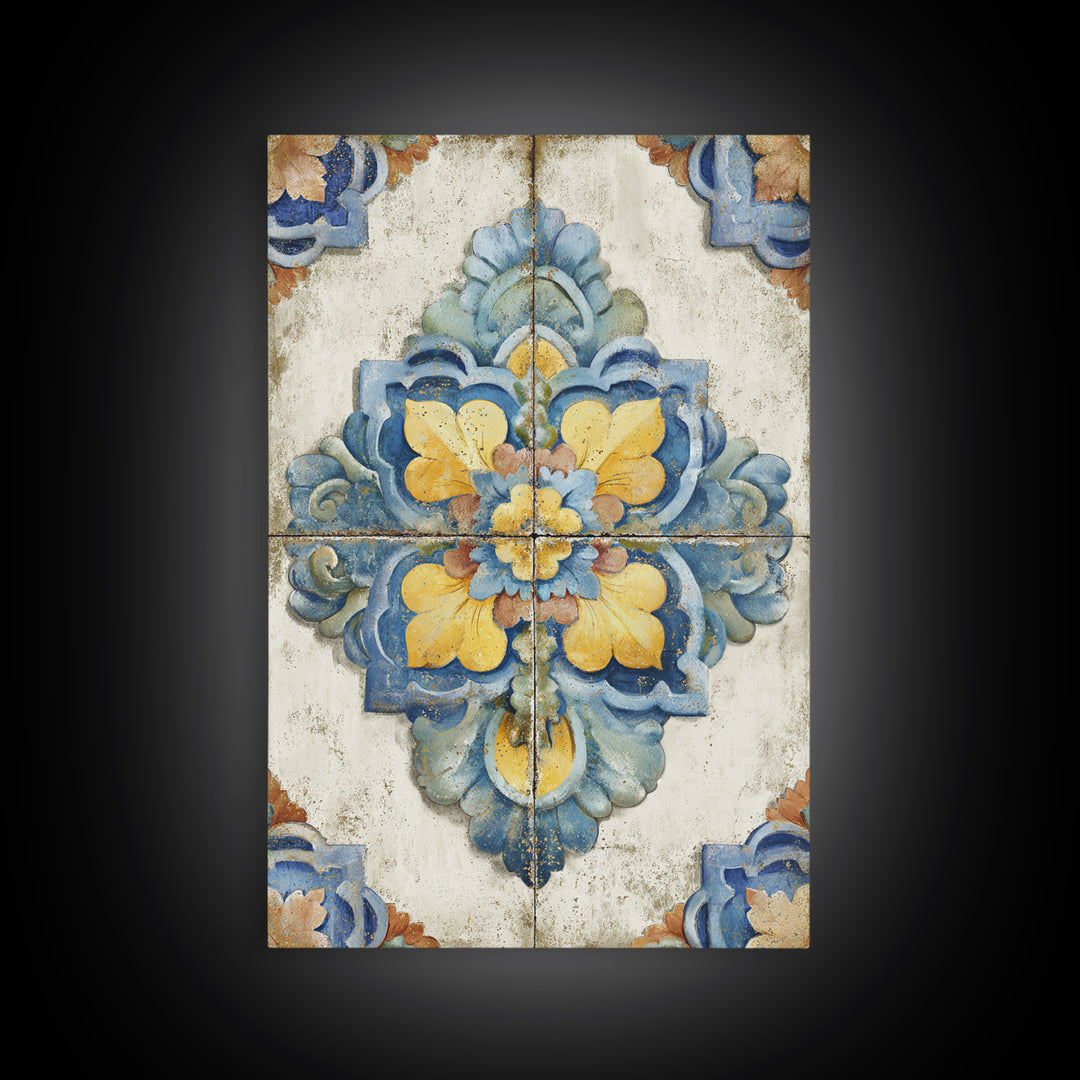 Spanish Tile Ornament Framed Canvas Print, Mediterranean Art, Nautical Decor, Living Room Decor, Azure, Coastal Wall Decor, MAR-2x3-24