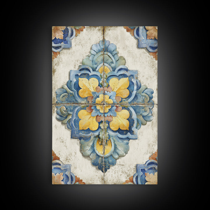 Spanish Tile Ornament Framed Canvas Print, Mediterranean Art, Nautical Decor, Living Room Decor, Azure, Coastal Wall Decor, MAR-2x3-24