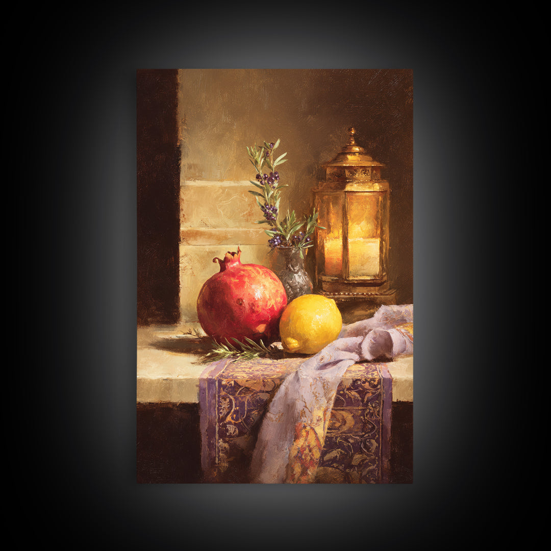 Pomegranate Still Life Canvas Print, Mediterranean Art, Coastal Art, Living Room Decor, Watercolor Art, Azure, MAR-2x3-27