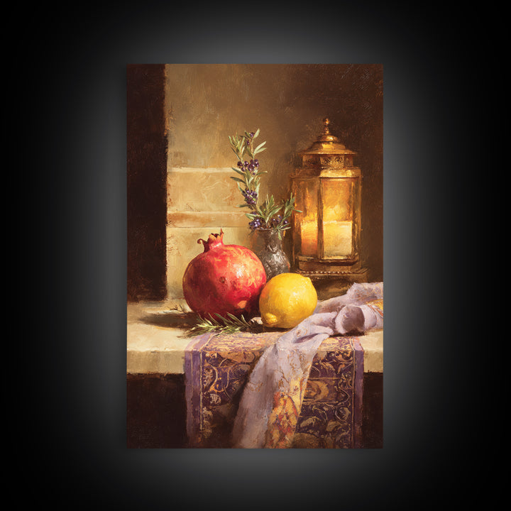 Pomegranate Still Life Canvas Print, Mediterranean Art, Coastal Art, Living Room Decor, Watercolor Art, Azure, MAR-2x3-27