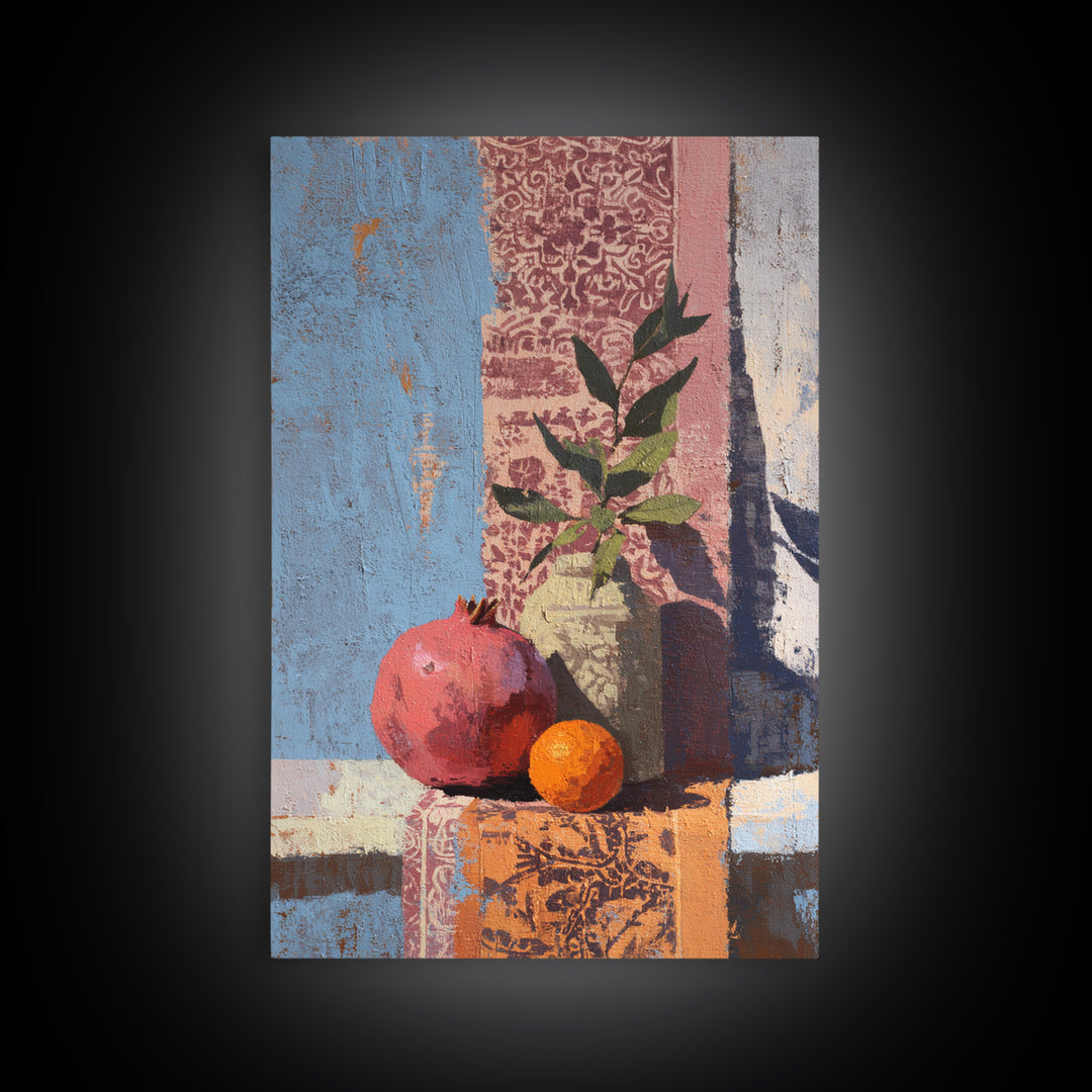 Pomegranate Still Life Framed Canvas Print, Mediterranean Art, Digital Art Prints, Living Room Decor, Fine Art, Azure, MAR-2x3-3