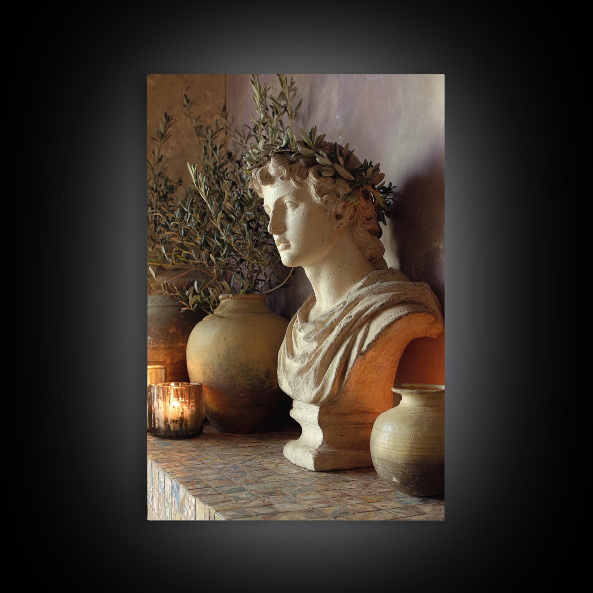 Roman Statue Bust Framed Canvas Print, Mediterranean Art, Wall Decor, Living Room Decor, Fine Art, Azure, Contemporary Art, MAR-2x3-30