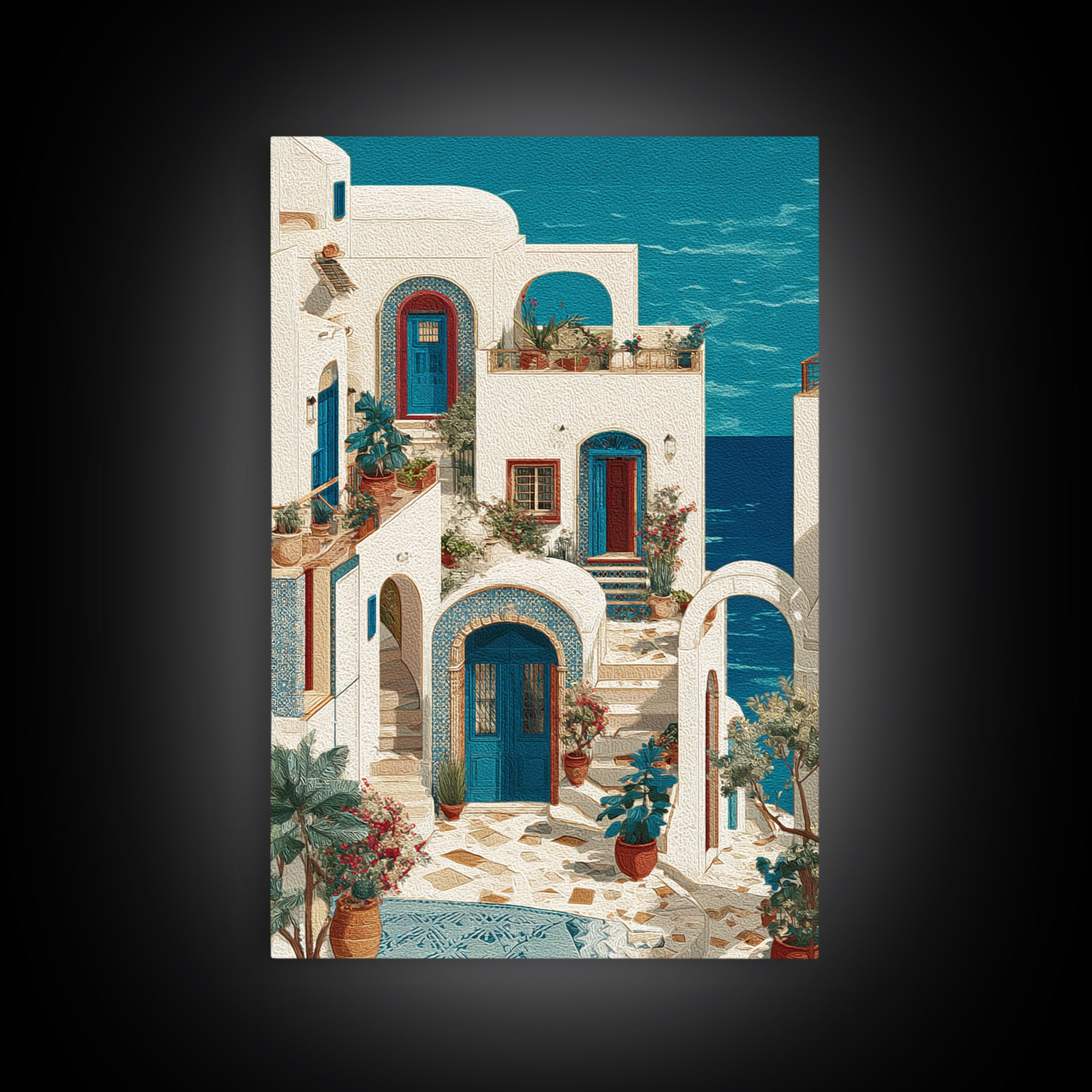 Greek Island White Buildings Above Blue Sea Framed Canvas Print, Mediterranean Art, Living Room Decor, Watercolor Art, Azure, MAR-2x3-33