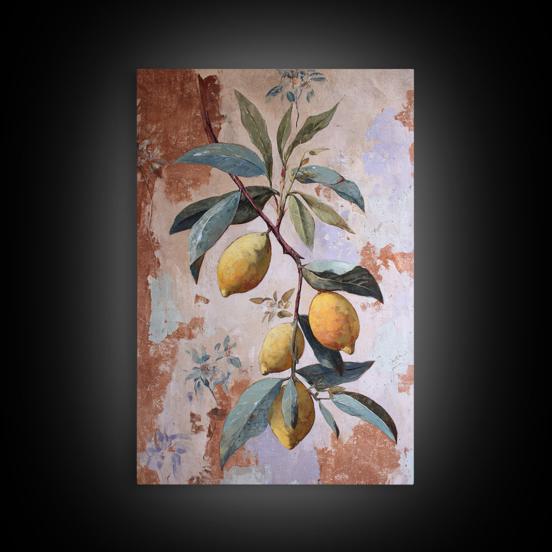 Olive Branch and Lemons on Terracotta Ground Canvas Print, Mediterranean Art, Luxury Decor, Living Room Decor, Azure, MAR-2x3-34