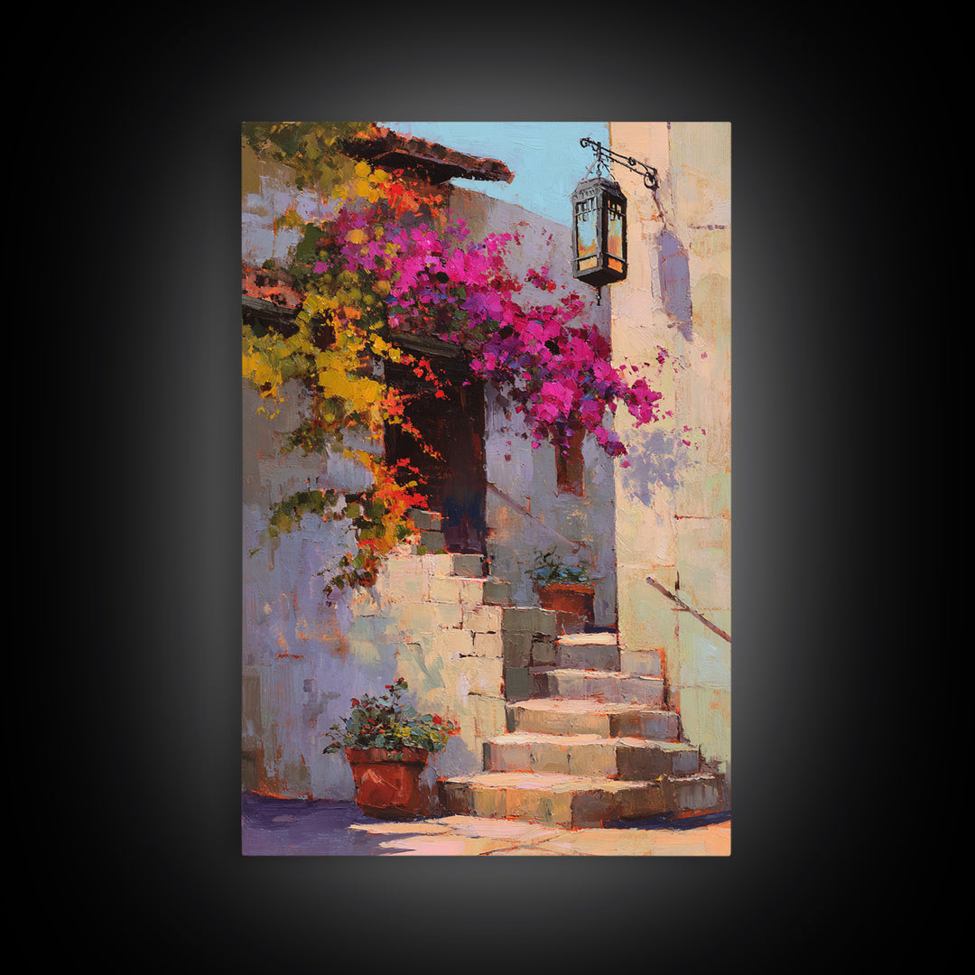 Bougainvillea Cascading over Stone Wall Framed Canvas Print, Mediterranean Art, Room Decor, Living Room Decor, Fine Art, Azure, MAR-2x3-37