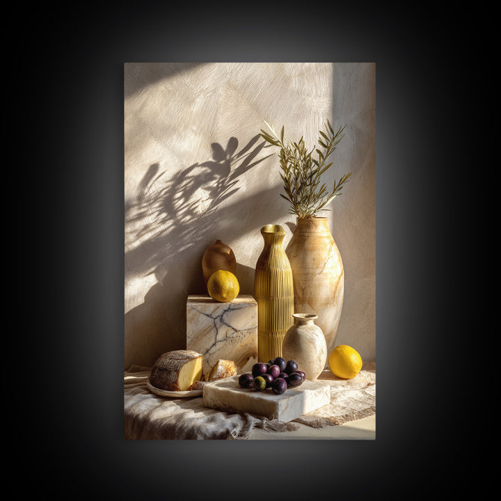 Figs Olives and Cheese Still Life Canvas Print, Mediterranean Art, Landscape Wall Art, Living Room Decor, Fine Art, Azure, MAR-2x3-40