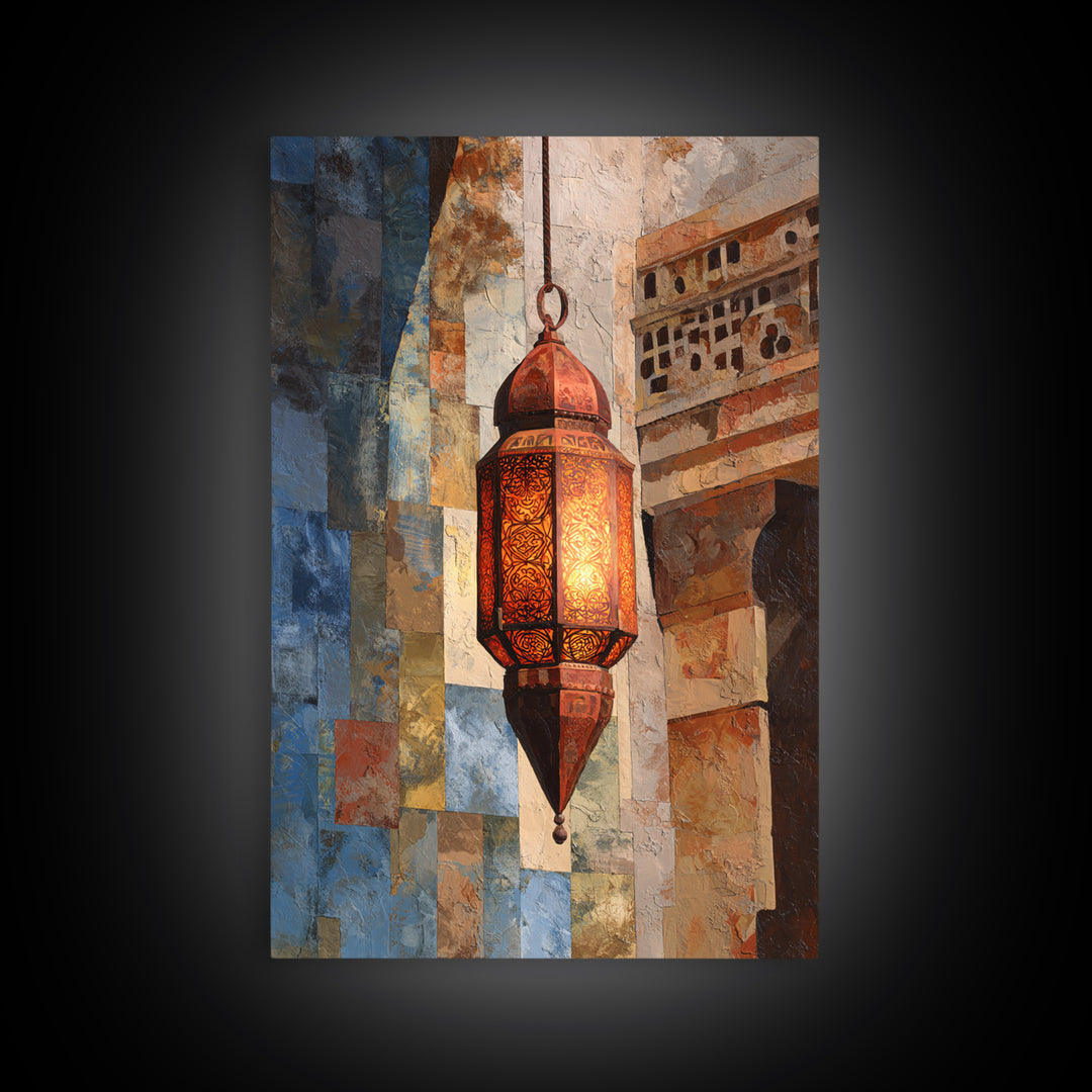 Moroccan Influenced Lantern Framed Canvas Print, Mediterranean Art, Textured Painting, Living Room Decor, Abstract Art, Azure, MAR-2x3-41