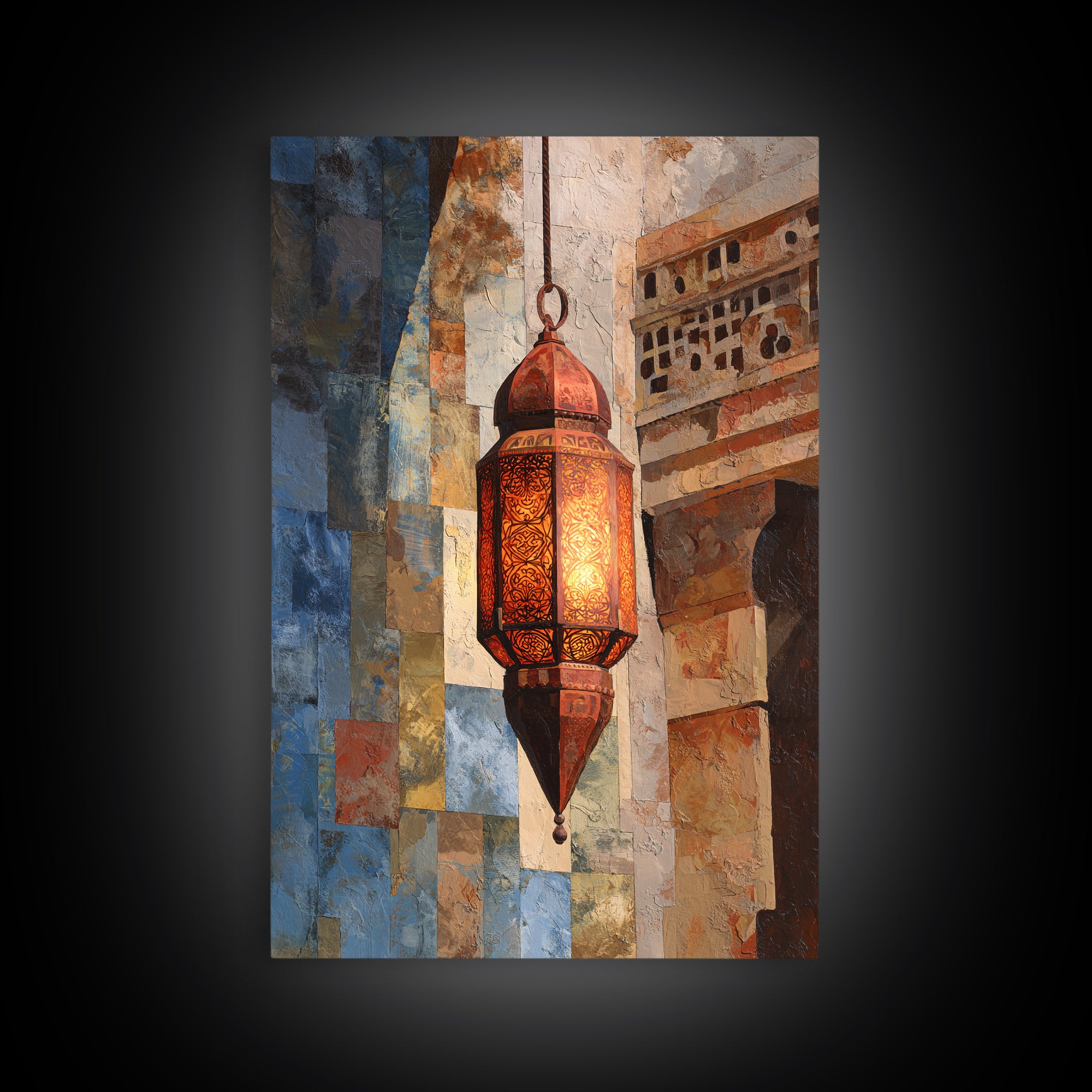 Moroccan Influenced Lantern Framed Canvas Print, Mediterranean Art, Textured Painting, Living Room Decor, Abstract Art, Azure, MAR-2x3-41