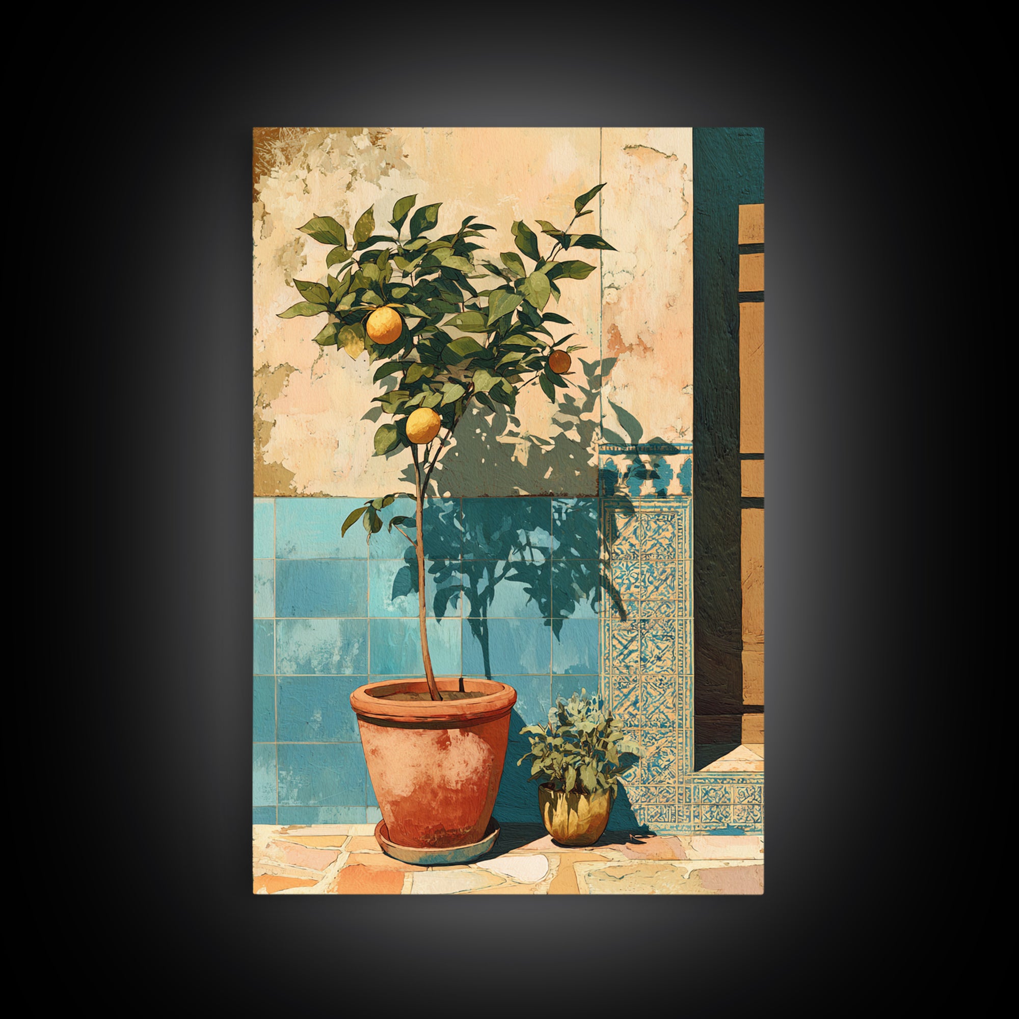 Citrus Tree in Clay Pot Framed Canvas Print, Mediterranean Art, Fine Art Print, Living Room Decor, Watercolor Art, Azure, MAR-2x3-42