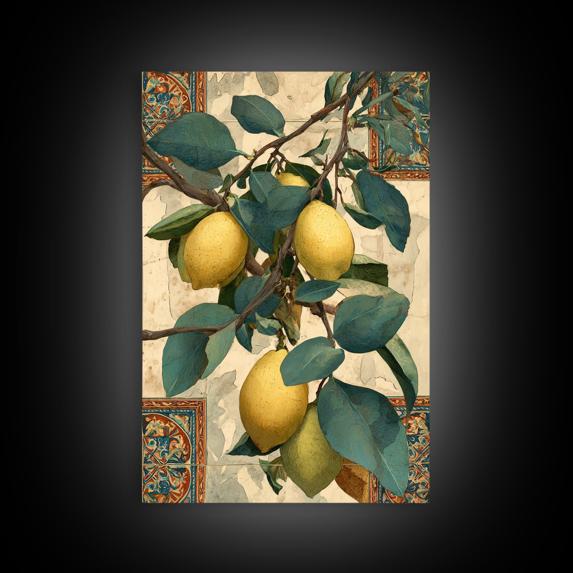 Sicilian Lemon Branch on Ivory Background Canvas Print, Mediterranean Art, Living Room Decor, Oil Painting, Azure, MAR-2x3-45