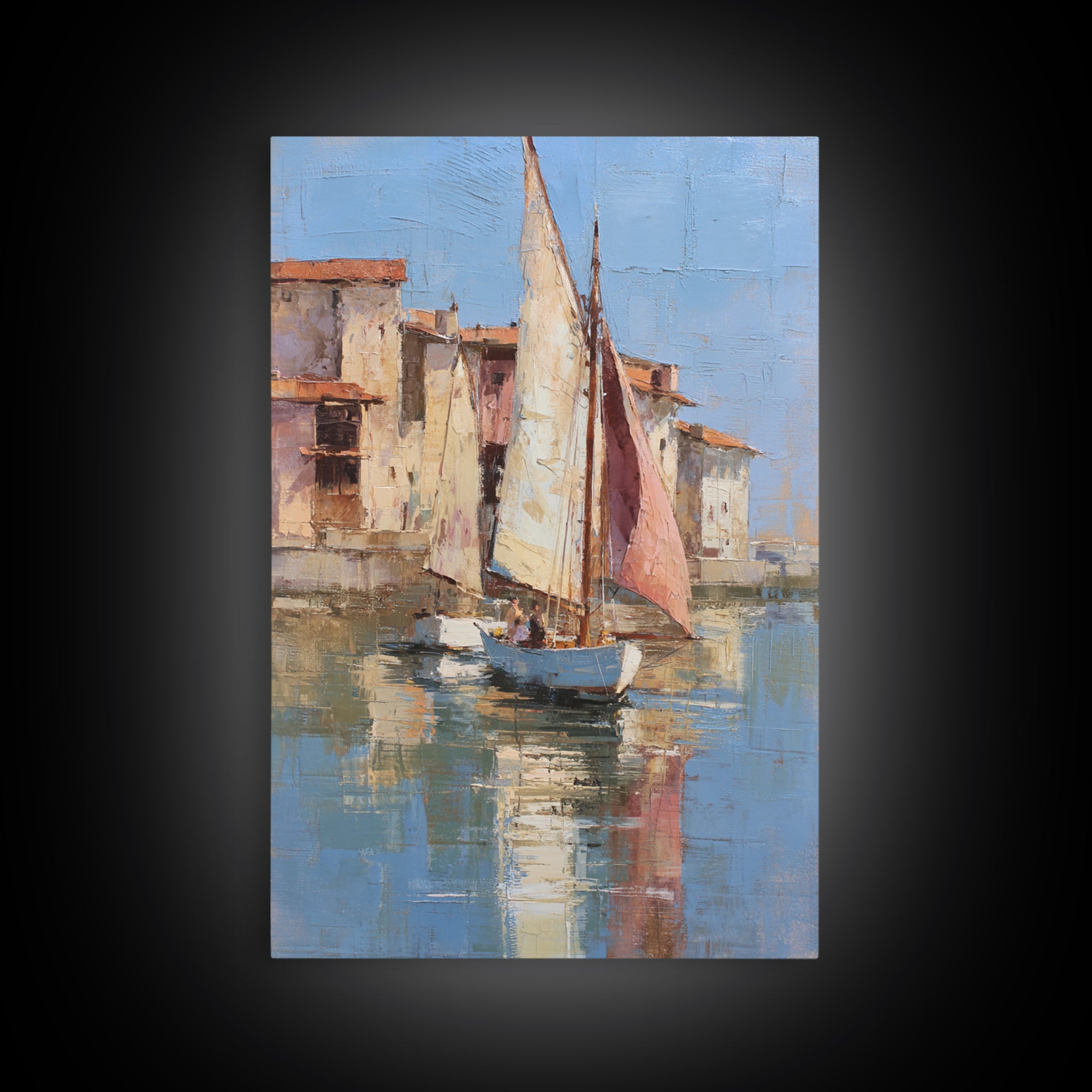 Mediterranean Sailboat on Glassy Water Canvas Print, Mediterranean Art, Boho Decor, Living Room Decor, Fine Art, Azure, MAR-2x3-50