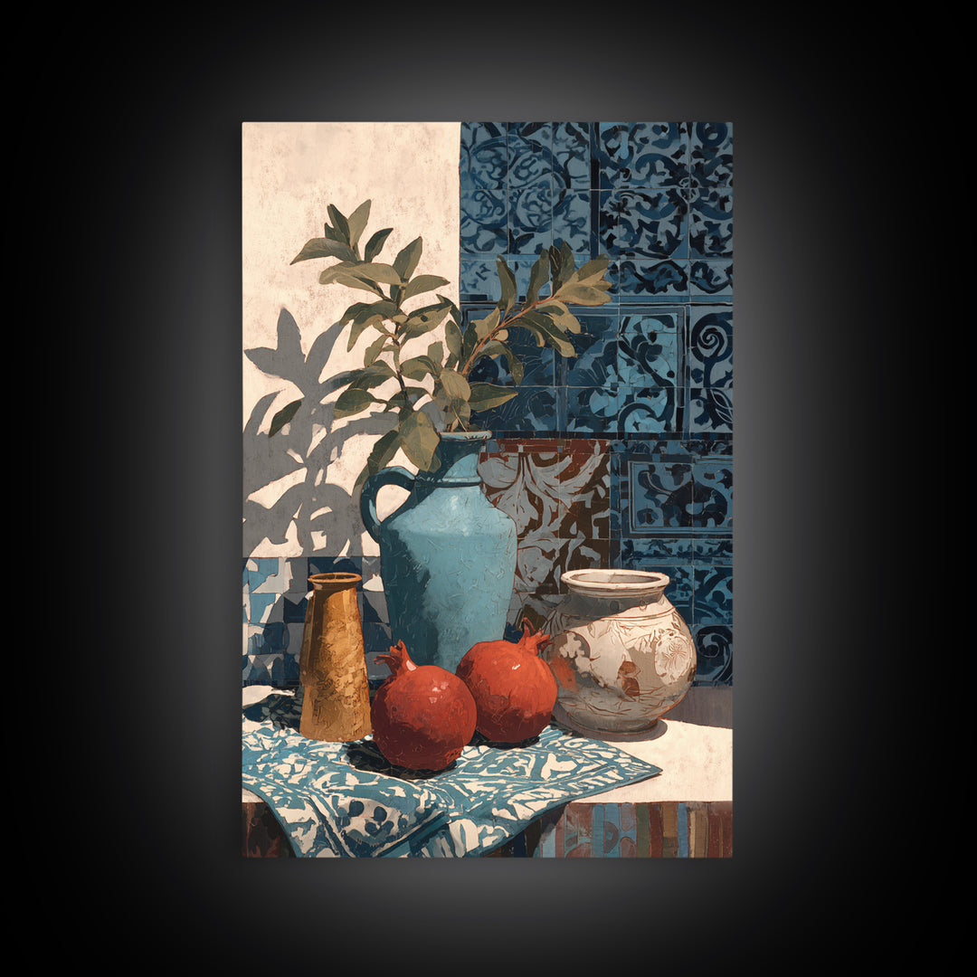 Pomegranate Still Life Framed Canvas Print, Mediterranean Art, Living Room Art, Living Room Decor, Oil Painting, Azure, MAR-2x3-51
