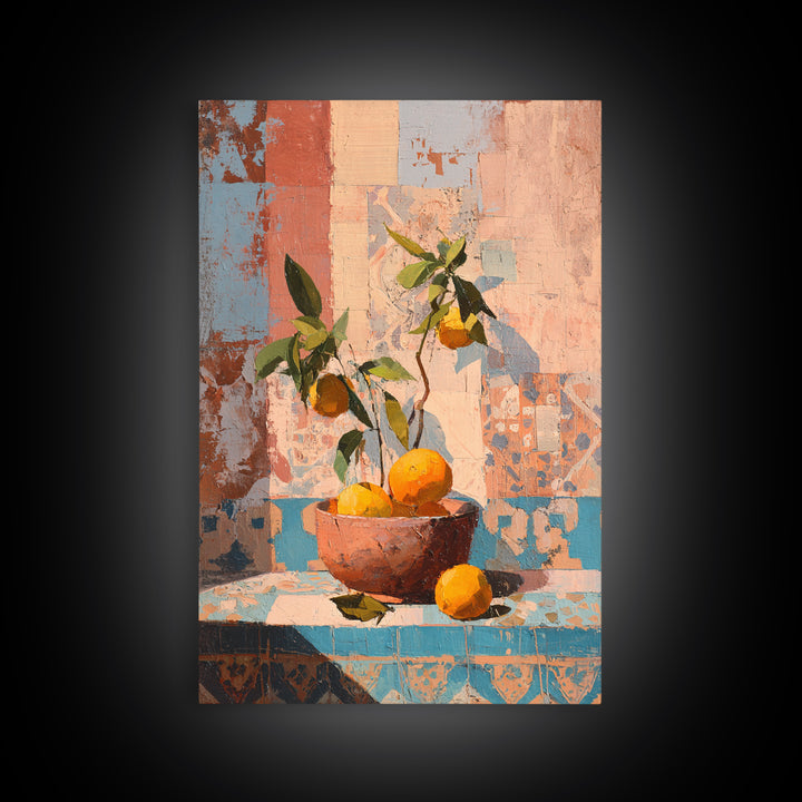 Ceramic Bowl of Oranges and Leaves Framed Canvas Print, Mediterranean Art, Living Room Decor, Oil Painting, Azure, MAR-2x3-53