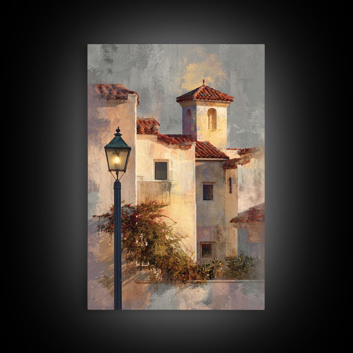 Sunset over Red Tiled Rooftops Framed Canvas Print, Mediterranean Art, Travel Poster, Living Room Decor, Fine Art, Azure, MAR-2x3-55