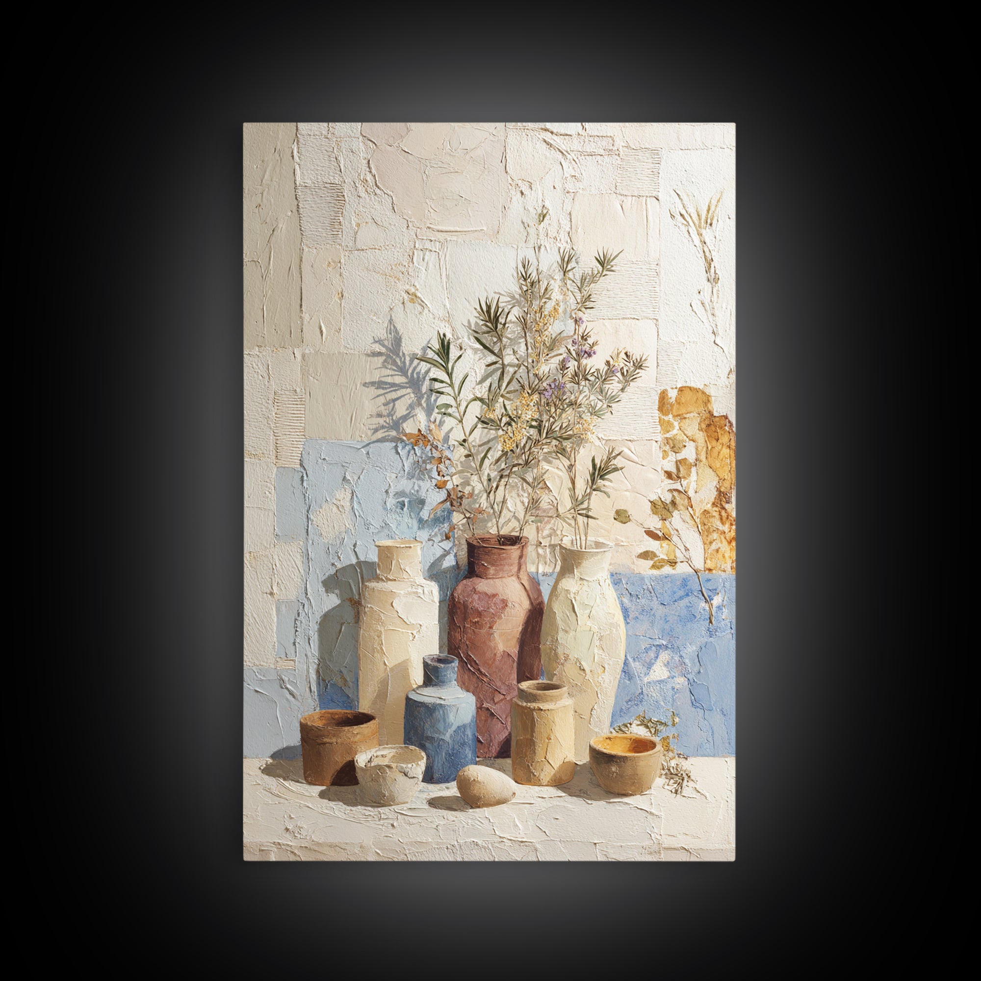 Wild Herbs Rosemary and Thyme Botanical Study Framed Canvas Print, Mediterranean Art, Coastal Art, Living Room Decor, Azure, MAR-2x3-56