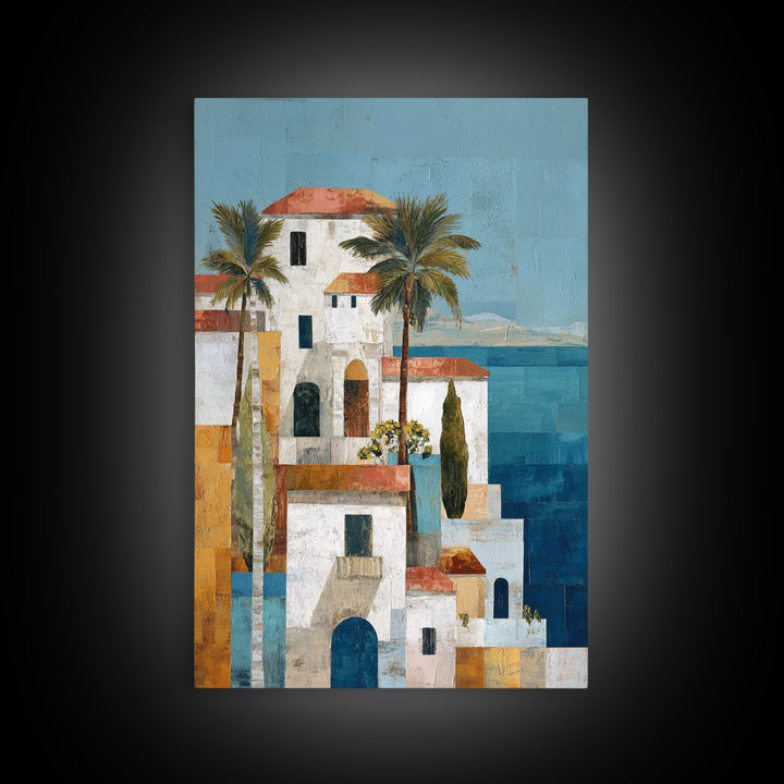 Greek Island White Buildings Above Blue Sea Canvas Print, Mediterranean Art, Framed Wall Art, Living Room Decor, Oil Painting, MAR-2x3-57