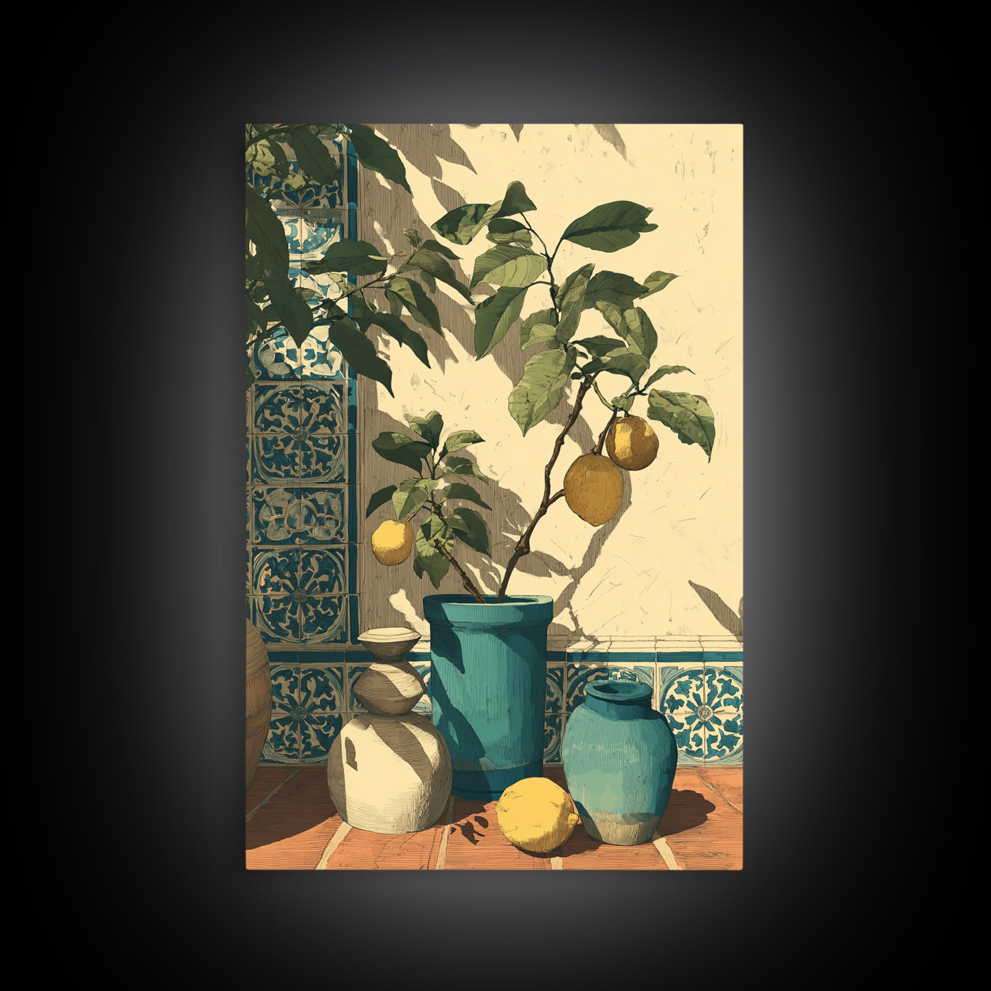 Olive Branch and Lemons on Terracotta Ground Canvas Print, Mediterranean Art, Contemporary Art, Living Room Decor, Azure, MAR-2x3-58