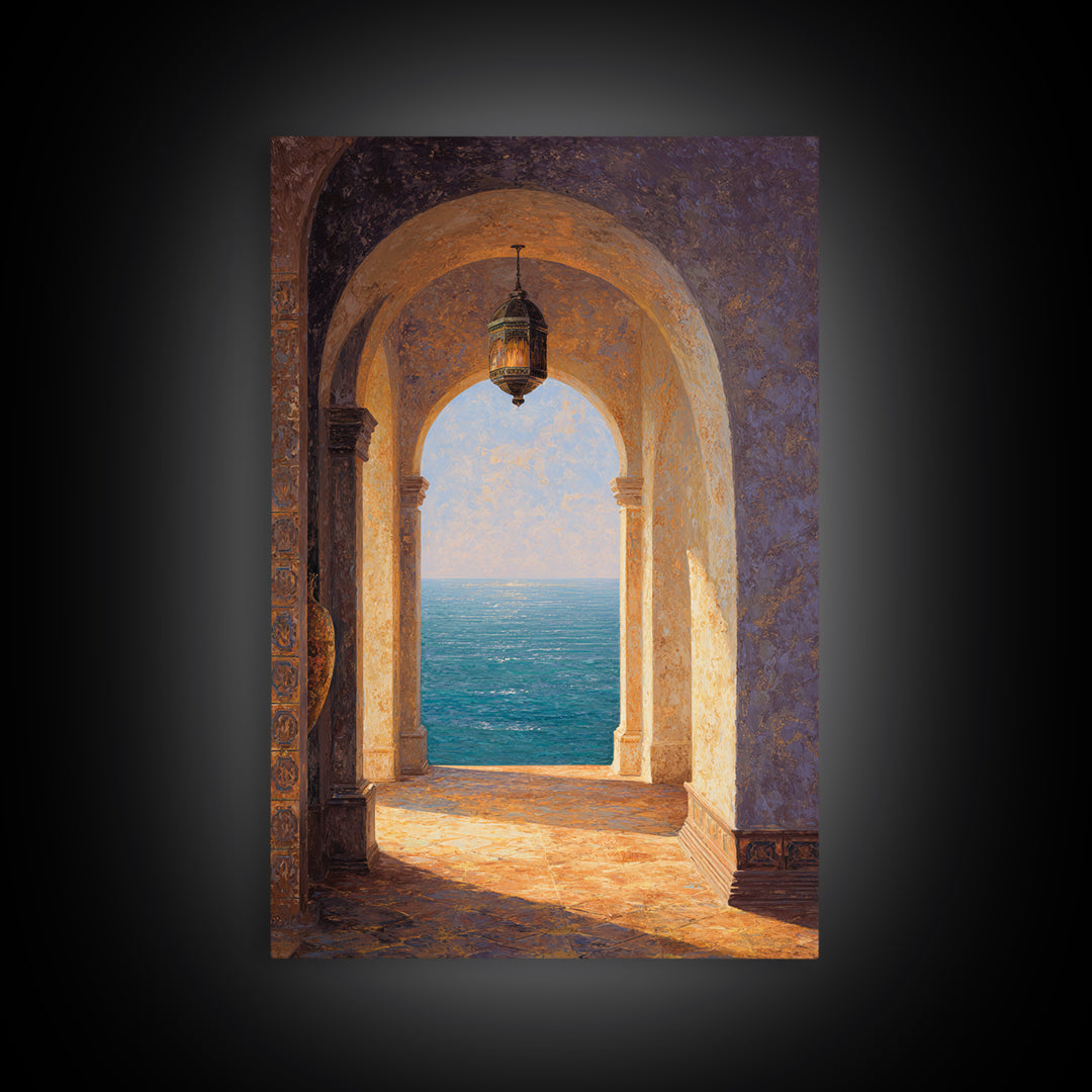 Mediterranean Arch Framing Ocean Horizon Framed Canvas Print, Mediterranean Art, Boho Decor, Living Room Decor, Fine Art, Azure, MAR-2x3-59