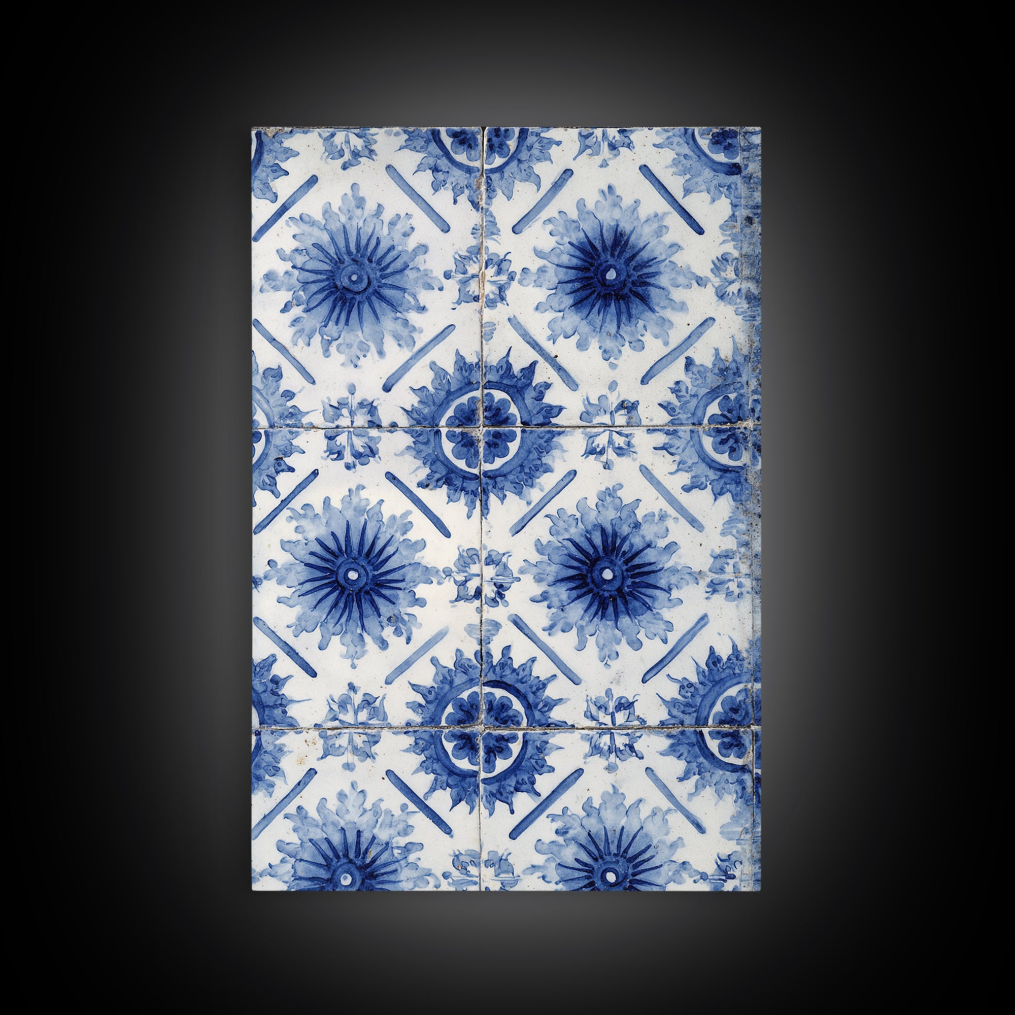 Blue and White Tile Pattern Framed Canvas Print, Mediterranean Art, Statement Artwork, Living Room Decor, Fine Art, Azure, MAR-2x3-60