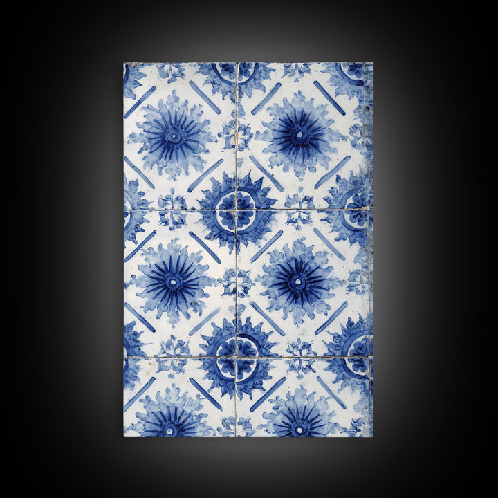 Blue and White Tile Pattern Framed Canvas Print, Mediterranean Art, Statement Artwork, Living Room Decor, Fine Art, Azure, MAR-2x3-60
