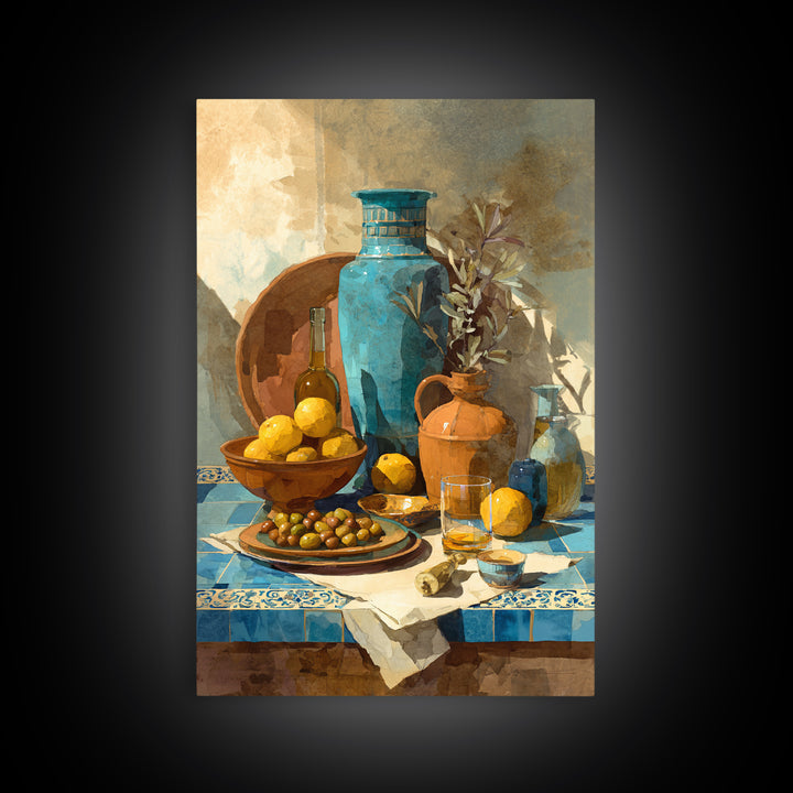Figs Olives and Cheese Still Life Framed Canvas Print, Mediterranean Art, Gallery Decor, Living Room Decor, Fine Art, Azure, MAR-2x3-64