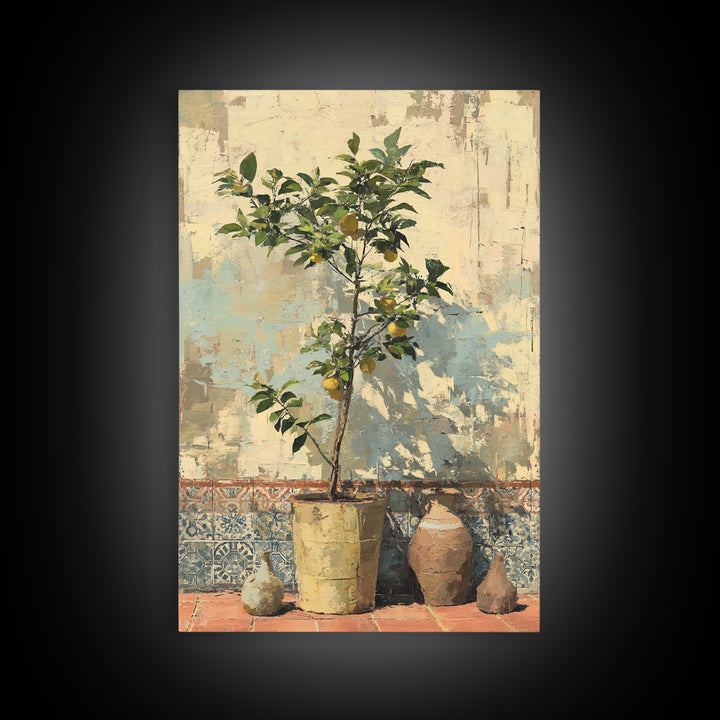 Citrus Tree in Clay Pot Canvas Print, Mediterranean Art, Room Decor, Living Room Decor, Oil Painting, Azure, Printable Art, MAR-2x3-66