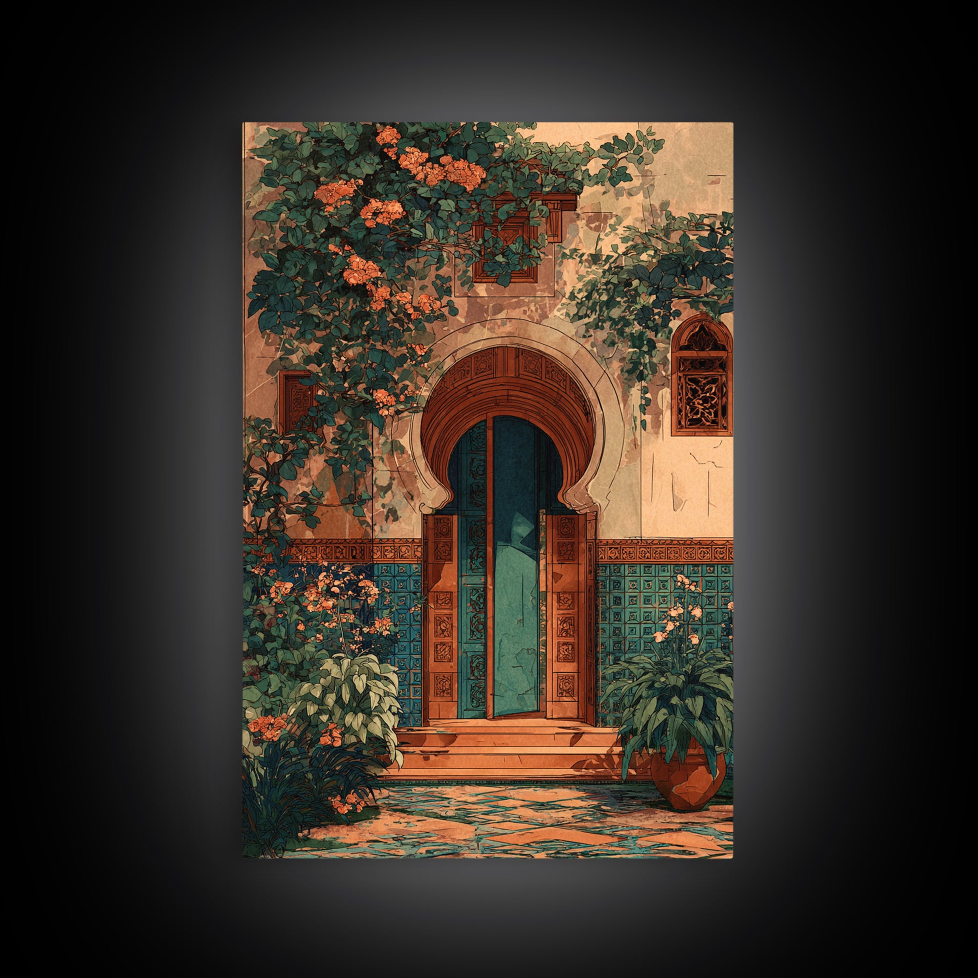 Sunlit Courtyard Doorway Canvas Print, Mediterranean Art, Luxury Decor, Living Room Decor, Fine Art, Azure, Framed Wall Art, MAR-2x3-67