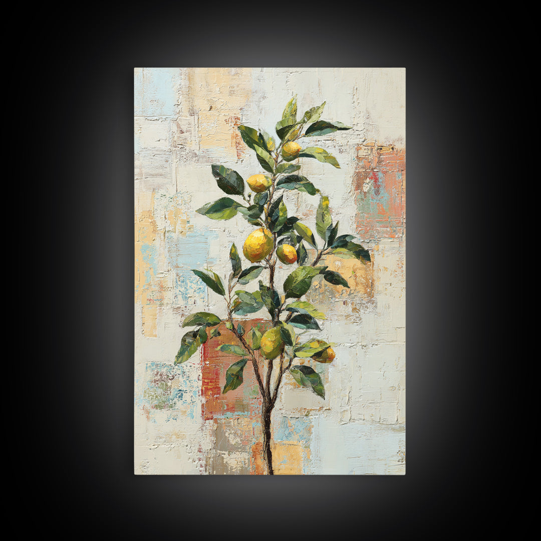 Sicilian Lemon Branch on Ivory Background Framed Canvas Print, Mediterranean Art, Oil Painting, Living Room Decor, MAR-2x3-69