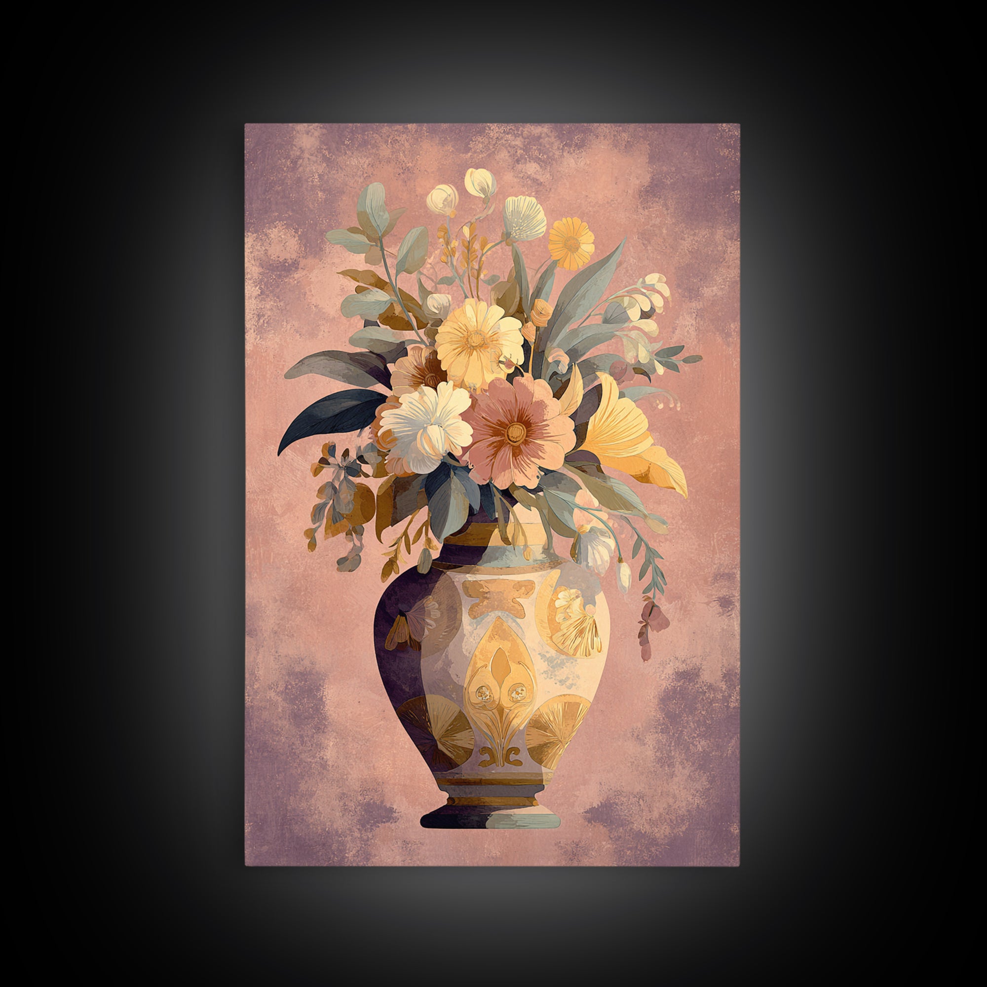Greek Vase Modern Floral Design Canvas Print, Mediterranean Art, Art Print, Living Room Decor, Oil Painting, Azure, MAR-2x3-71