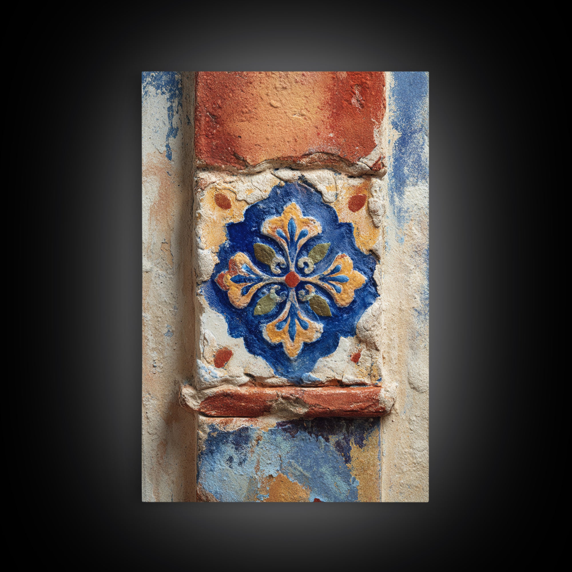 Spanish Tile Ornament Canvas Print, Mediterranean Art, Neutral Decor, Living Room Decor, Oil Painting, Azure, Home Decor, MAR-2x3-72