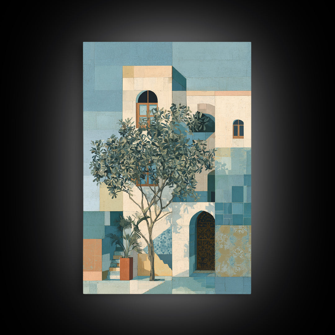 Olive Grove under Pale Morning Light Framed Canvas Print, Mediterranean Art, Digital Wall Art, Living Room Decor, Azure, MAR-2x3-73
